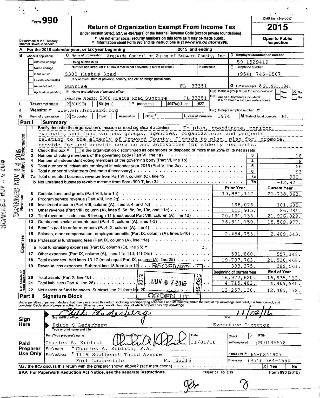 Image of first page of 2015 Form 990 for Aging and Disability Resource Center of Broward County (ADRC)