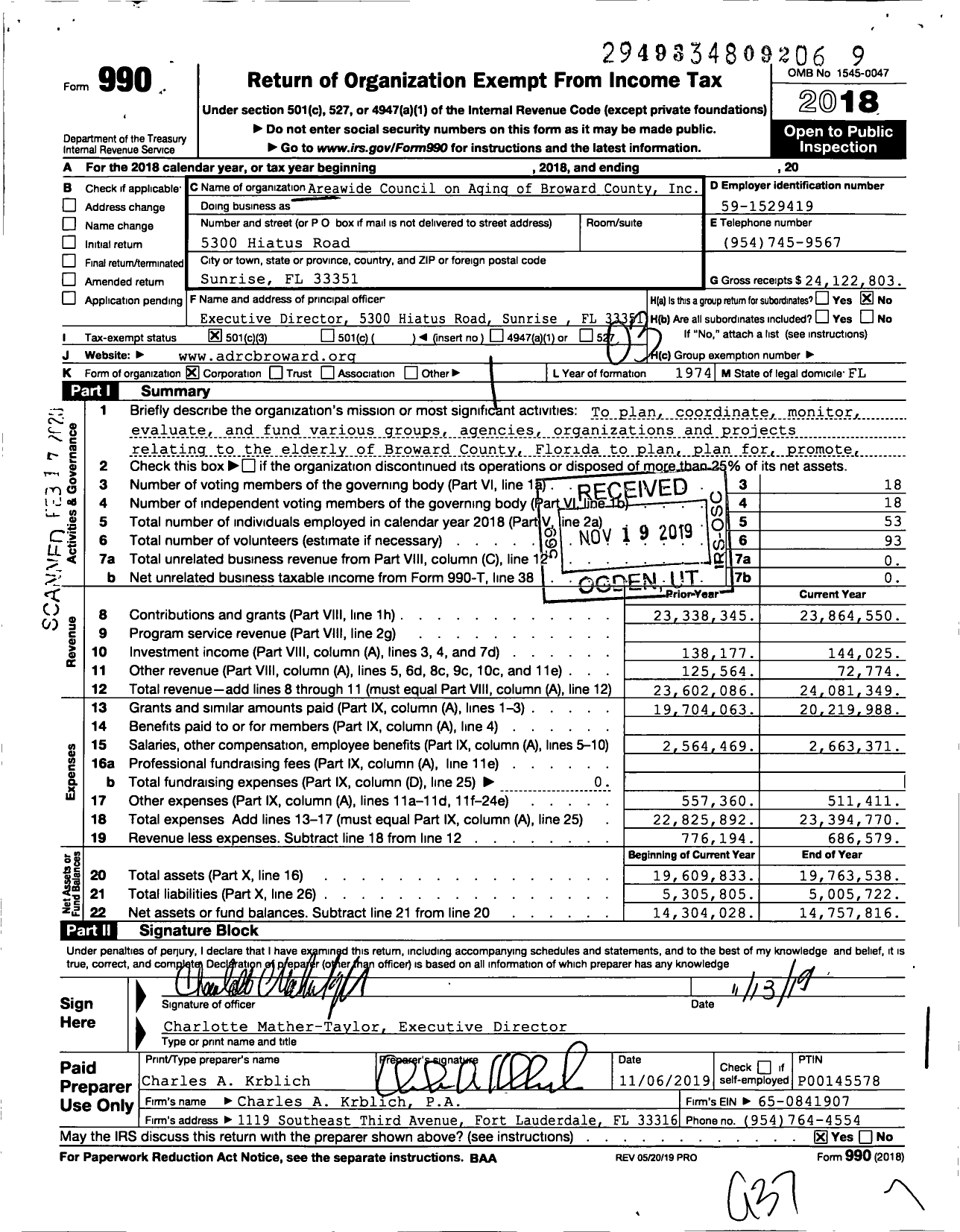 Image of first page of 2018 Form 990 for Aging and Disability Resource Center of Broward County (ADRC)