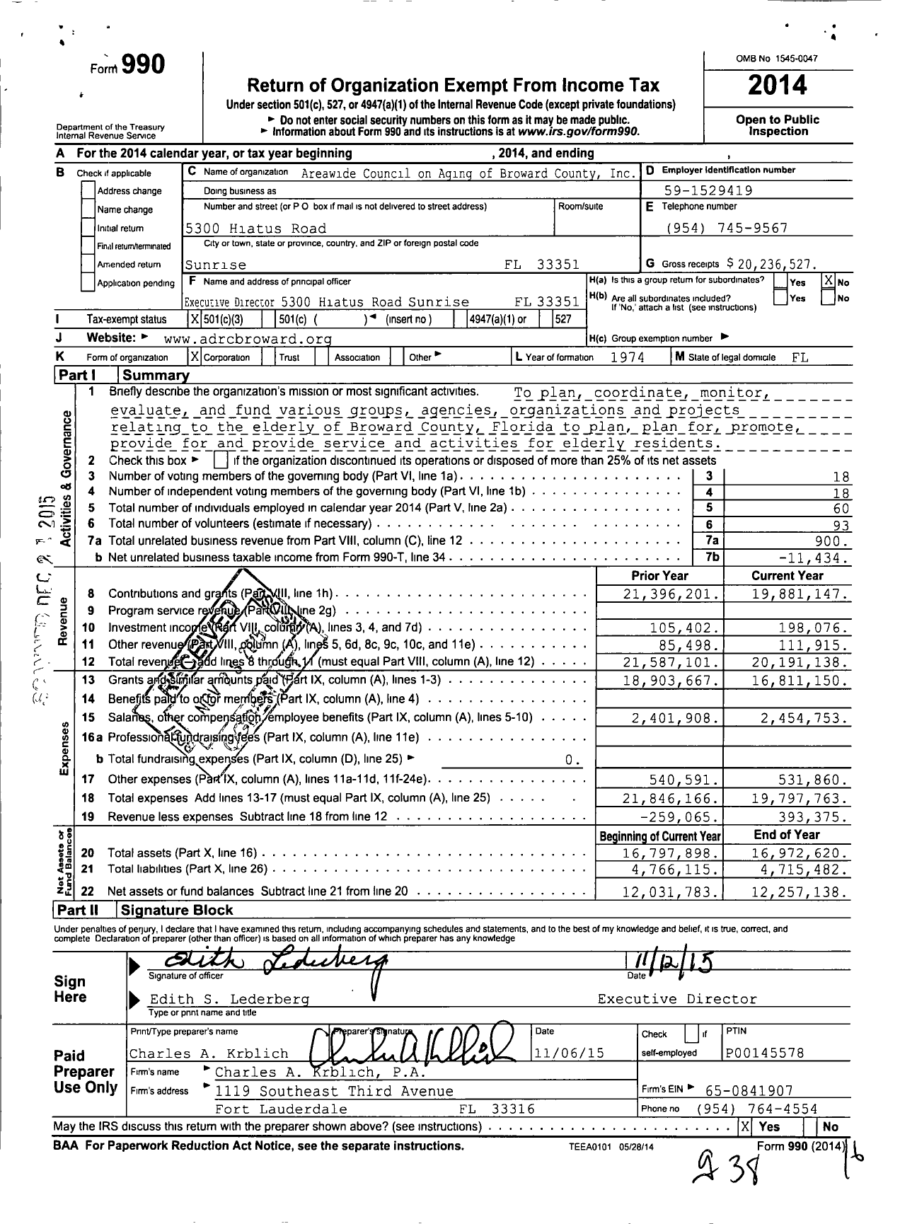 Image of first page of 2014 Form 990 for Aging and Disability Resource Center of Broward County (ADRC)