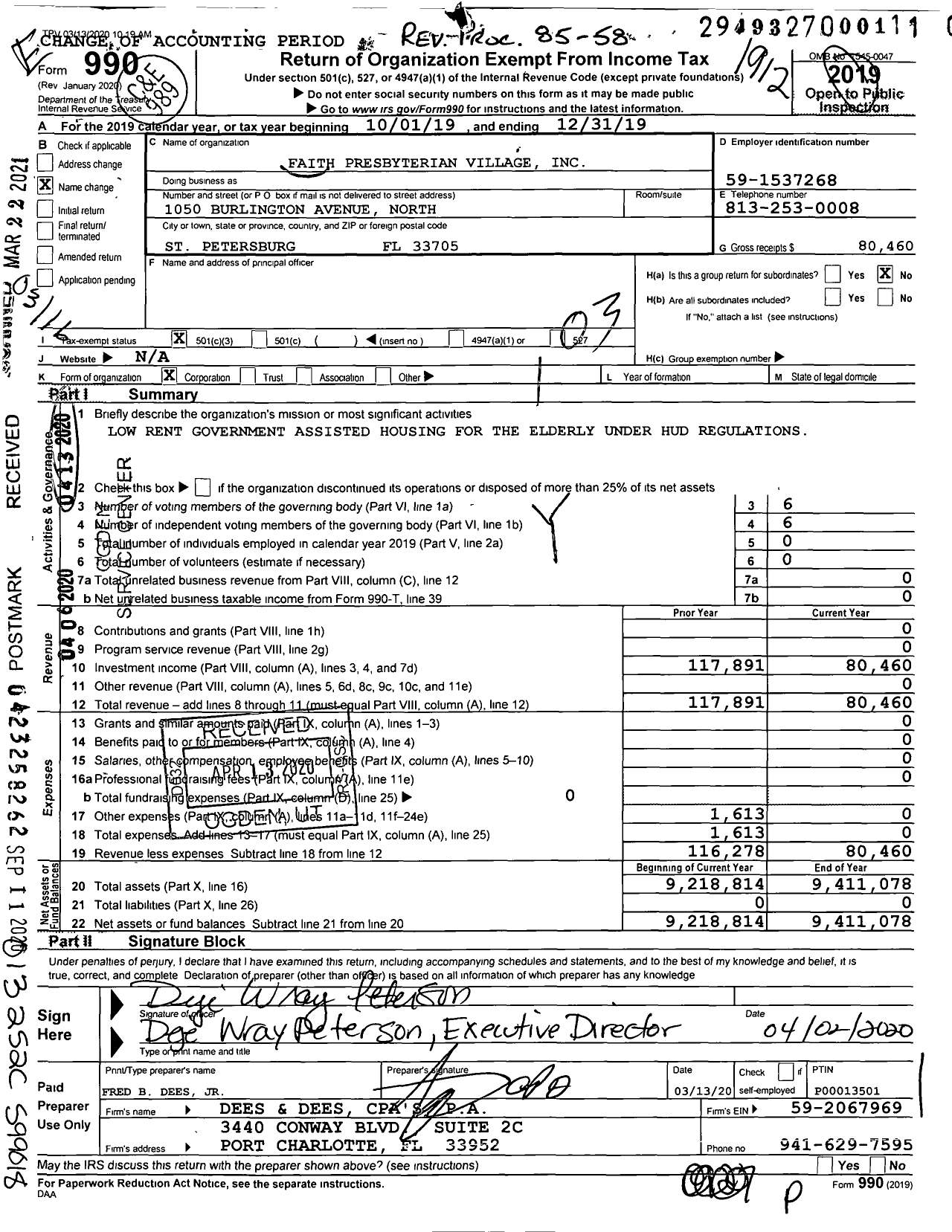 Image of first page of 2019 Form 990 for Faith Presbyterian Village