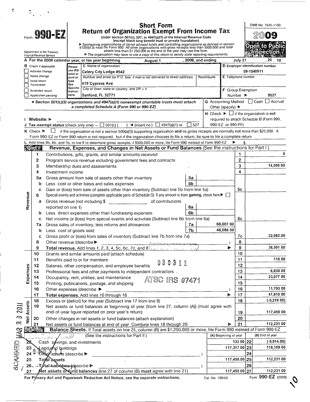 Image of first page of 2009 Form 990EO for Improved Benevolent and Protective Order of Elks of the World - 542 W Celery City Lodge