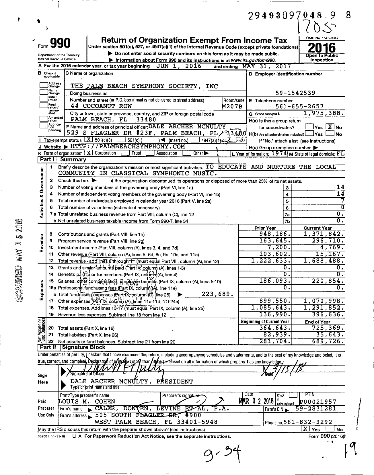 Image of first page of 2016 Form 990 for Palm Beach Symphony