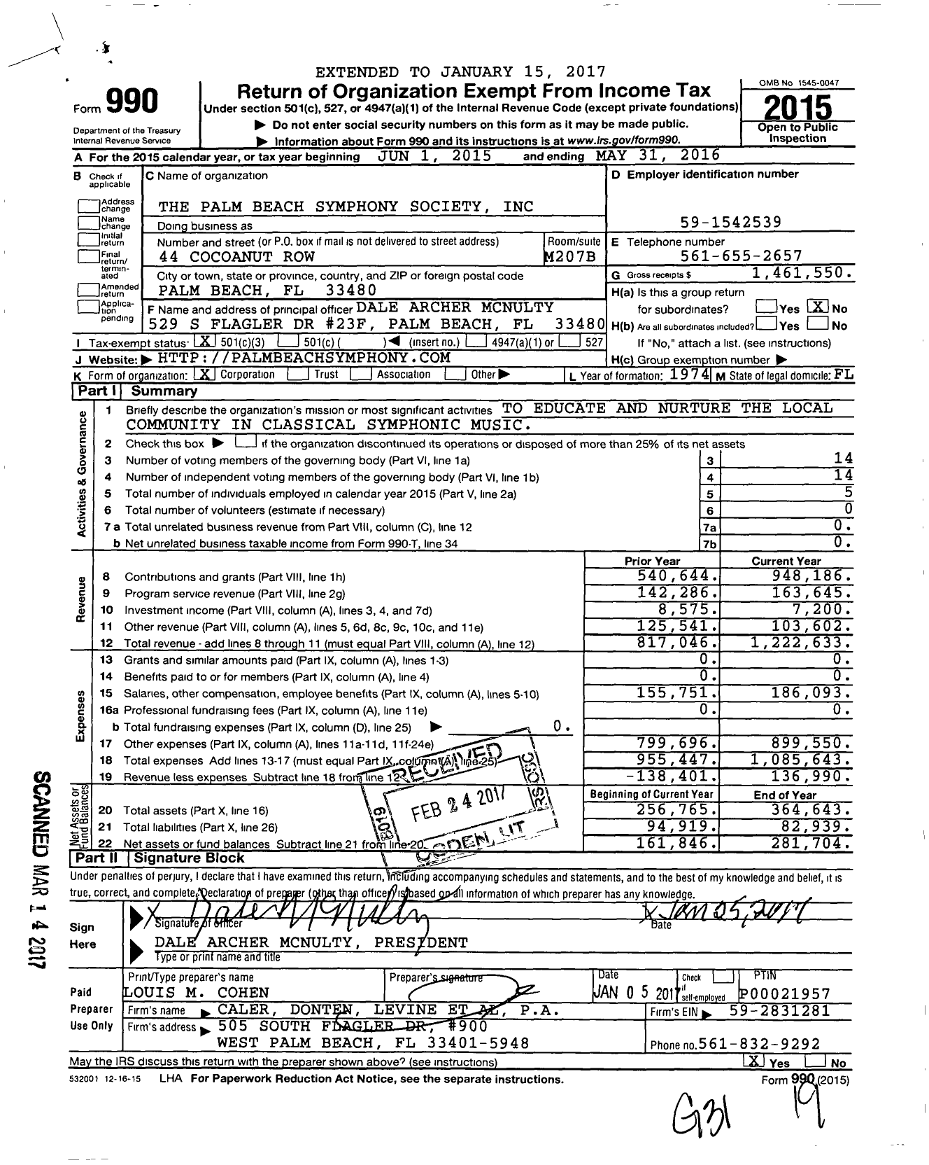 Image of first page of 2015 Form 990 for Palm Beach Symphony