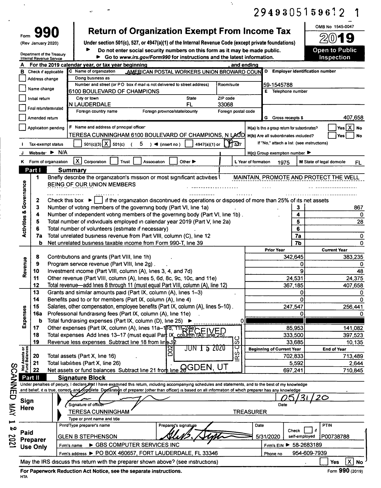 Image of first page of 2019 Form 990O for American Postal Workers Union - 1201 Broward County Area Local