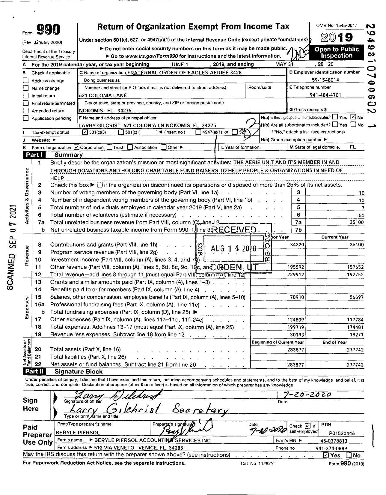 Image of first page of 2019 Form 990 for Fraternal Order of Eagles - 3482 Aerie