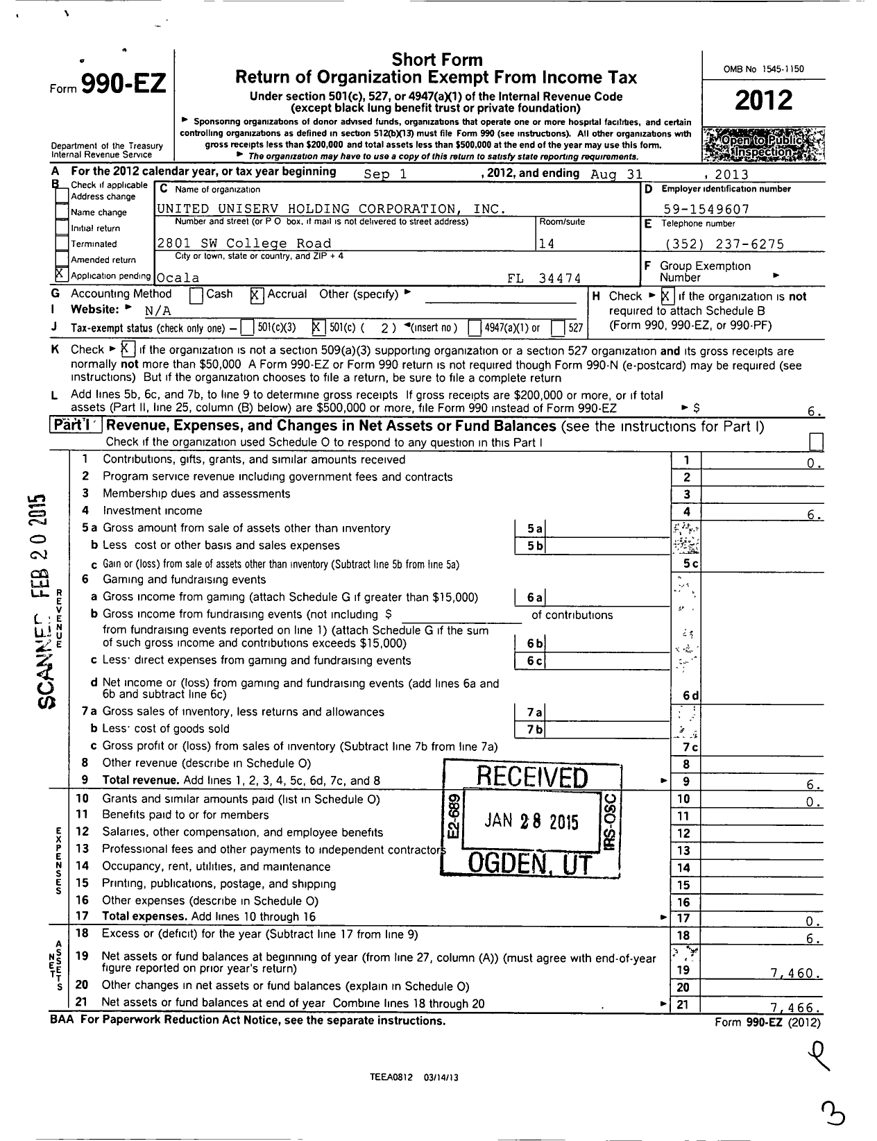 Image of first page of 2012 Form 990EO for United Service Unit Holding Corporation