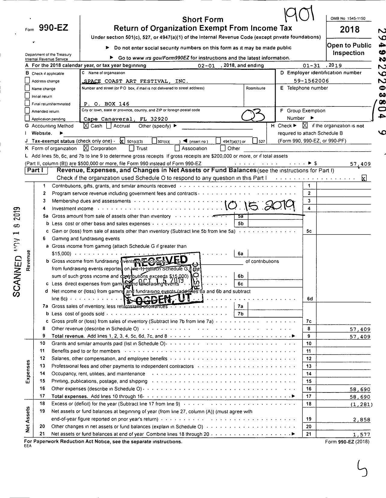 Image of first page of 2018 Form 990EZ for Space Coast Art Festival