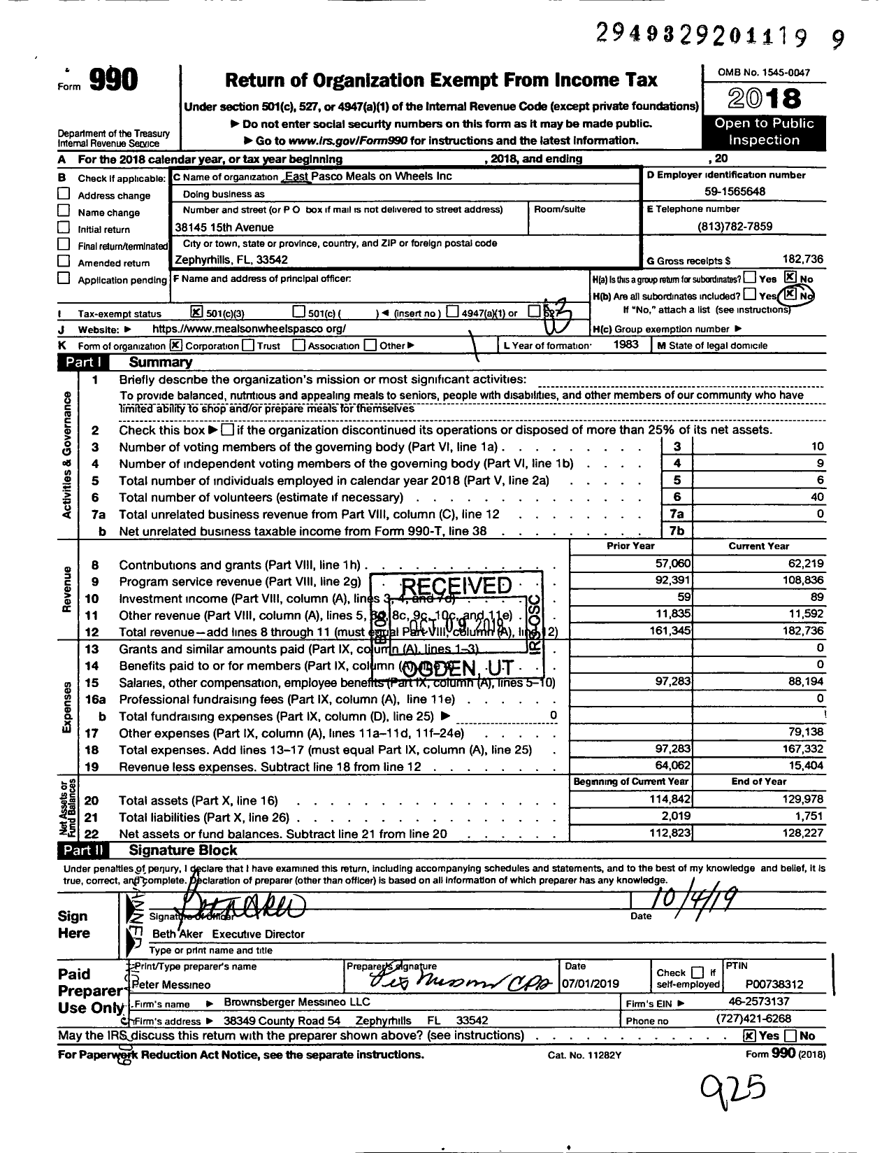 Image of first page of 2018 Form 990 for East Pasco Meals on Wheels