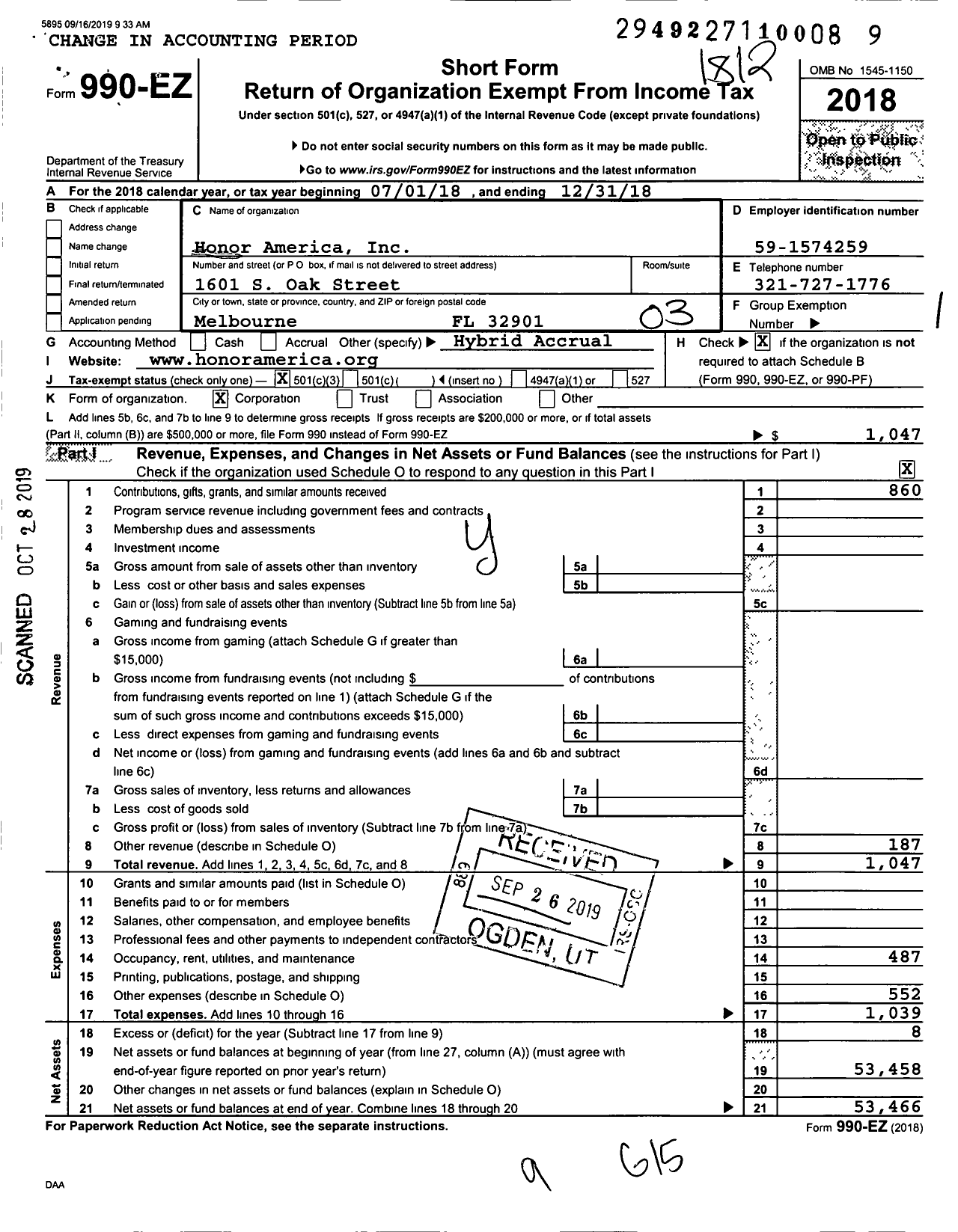 Image of first page of 2018 Form 990EZ for Honor America Incorporation