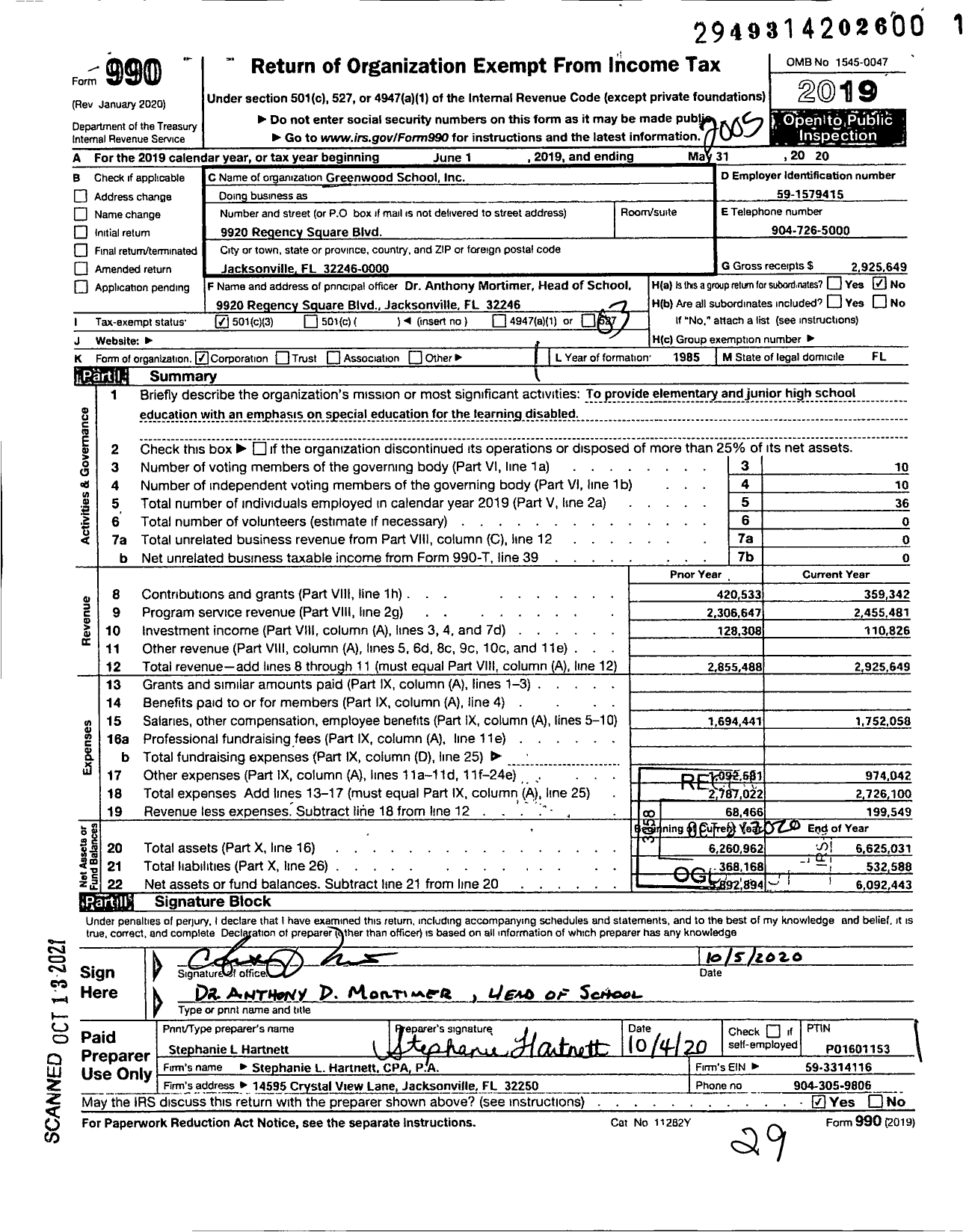 Image of first page of 2019 Form 990 for Greenwood School