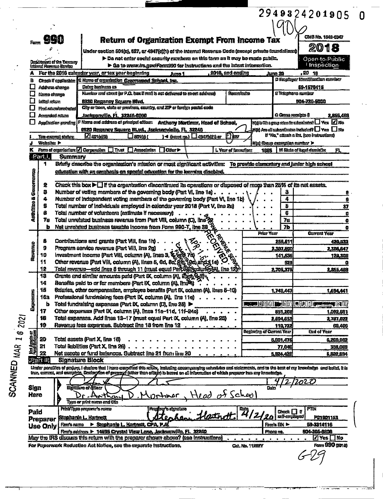 Image of first page of 2018 Form 990 for Greenwood School