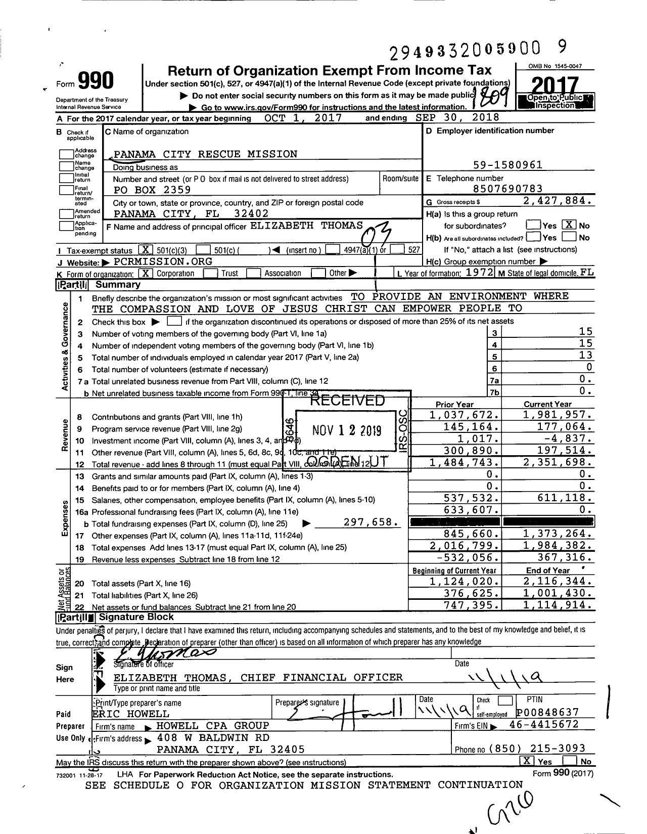 Image of first page of 2017 Form 990 for Panama City Rescue Mission
