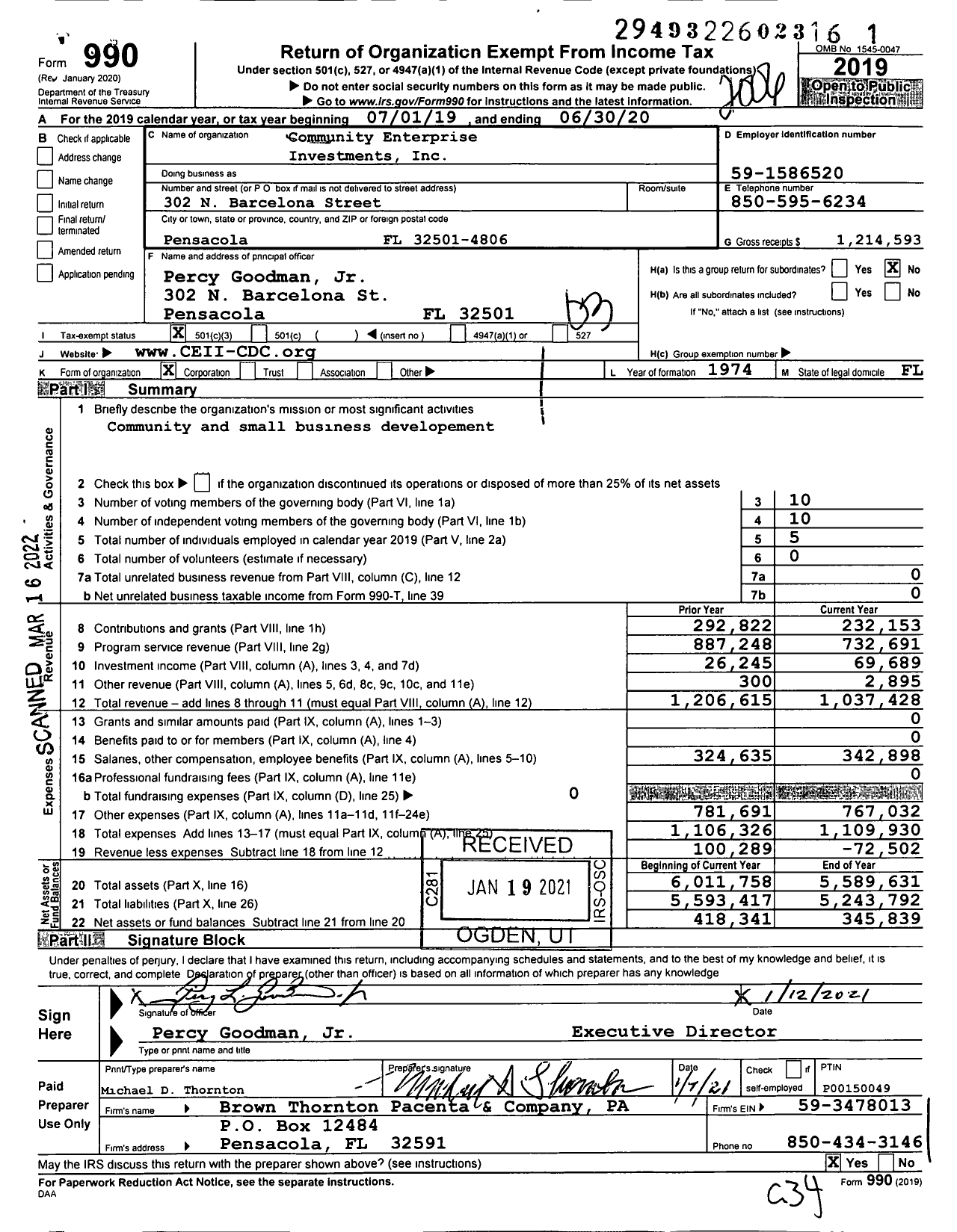 Image of first page of 2019 Form 990 for Community Enterprise Investments