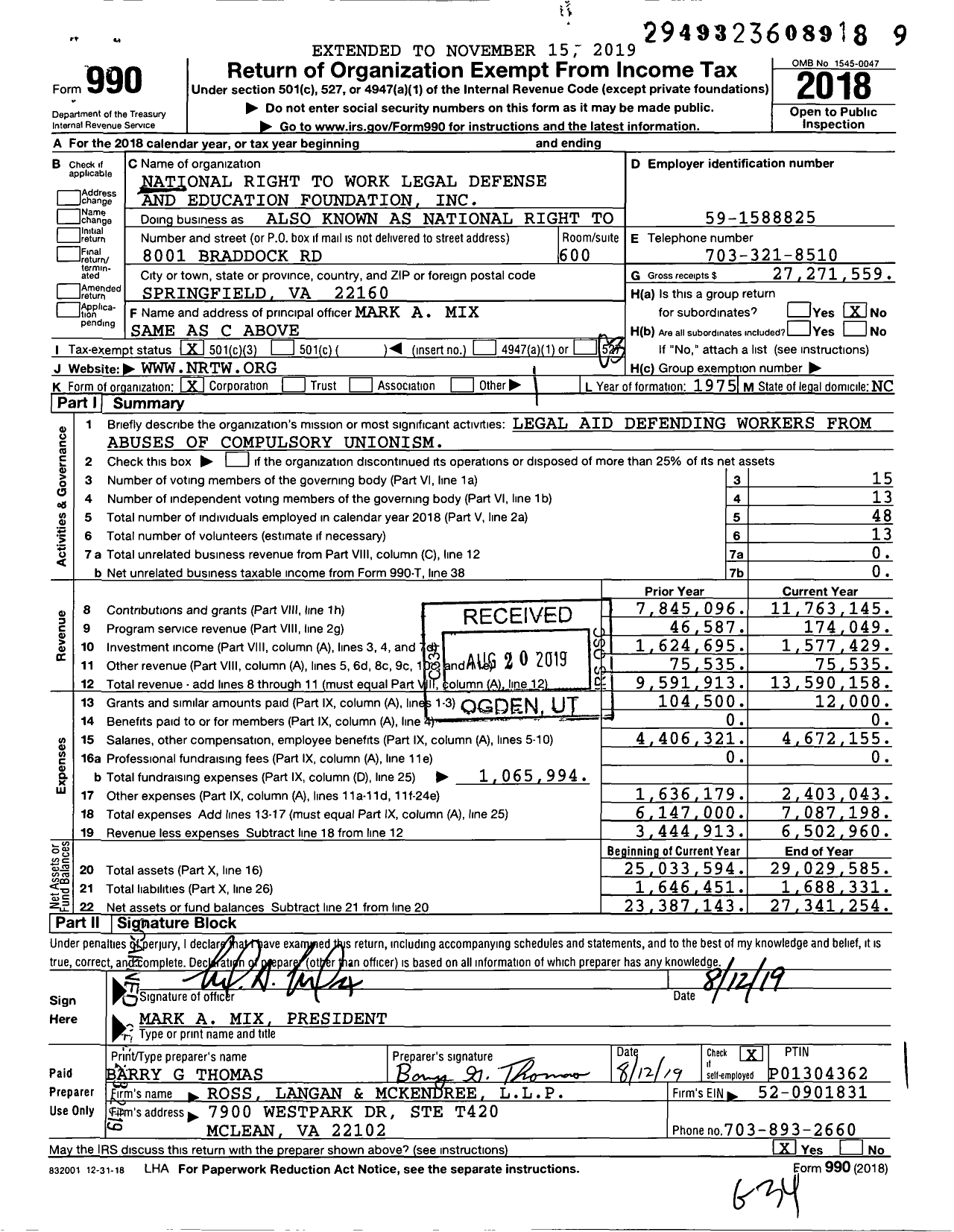 Image of first page of 2018 Form 990 for Also Known As National Right To Work Legal Defense Foundation