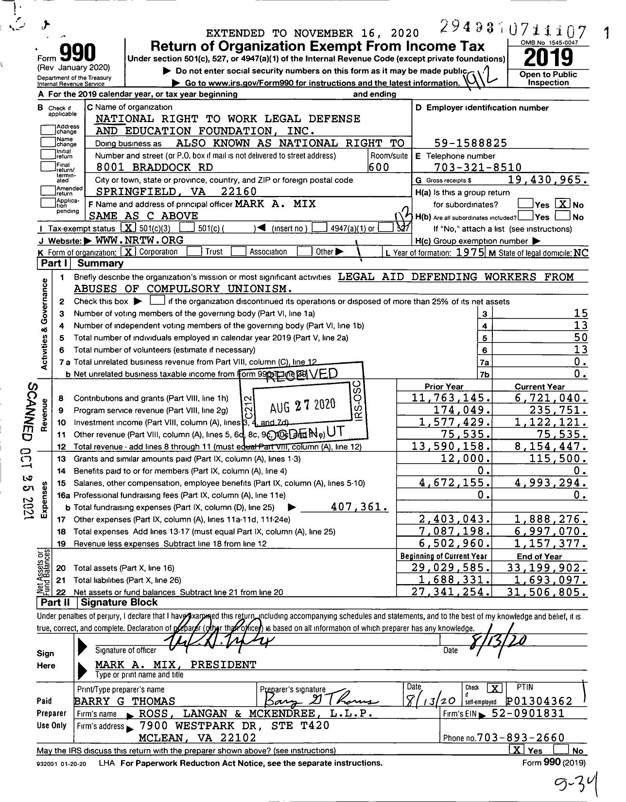 Image of first page of 2019 Form 990 for Also Known As National Right To Work Legal Defense Foundation