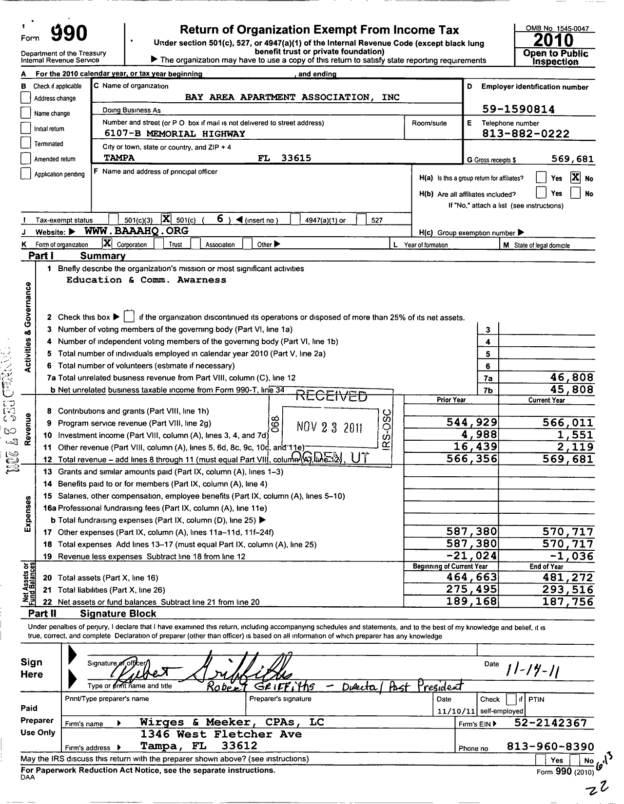 Image of first page of 2010 Form 990O for Bay Area Apartment Association