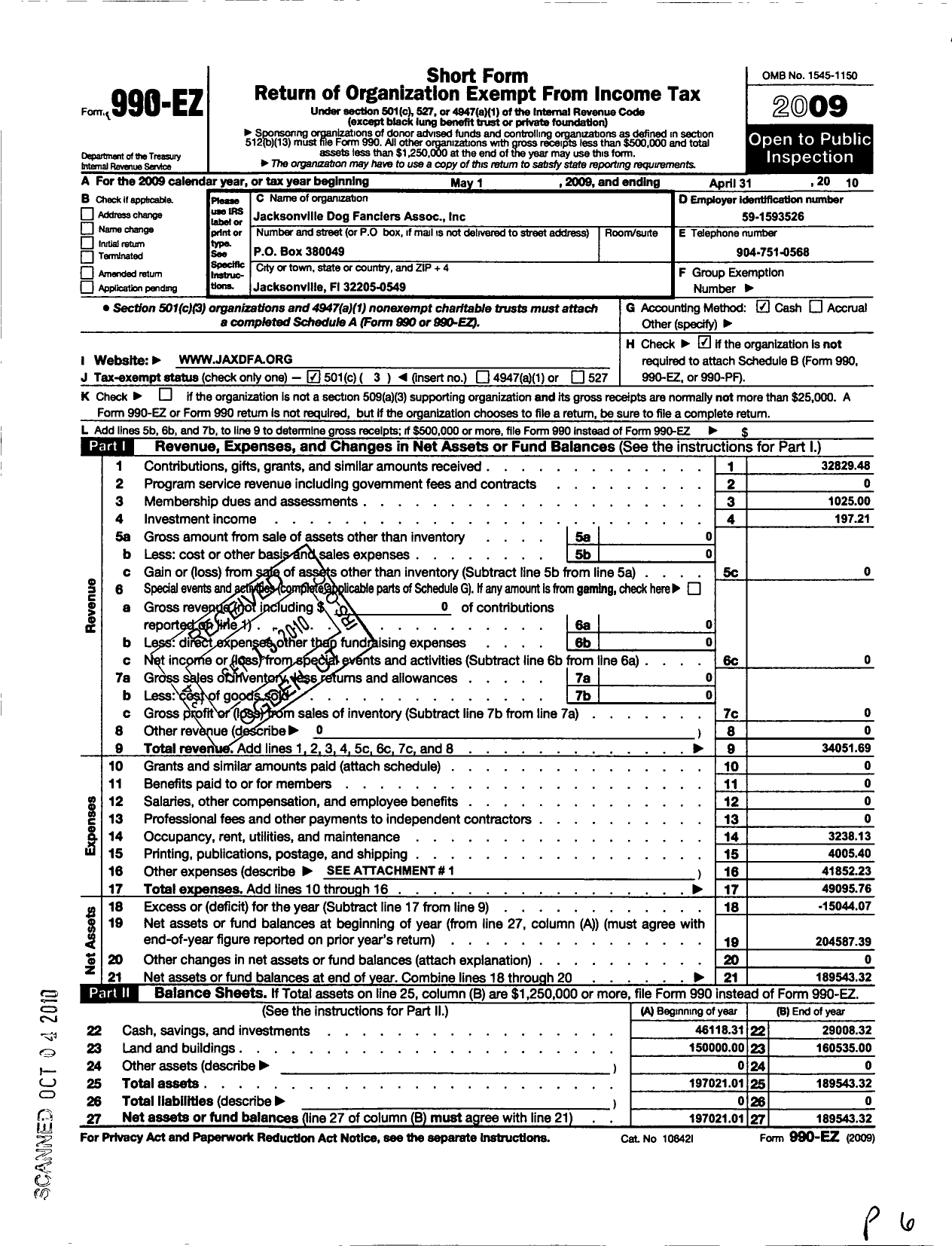 Image of first page of 2009 Form 990EZ for Jacksonville Dog Fanciers Association