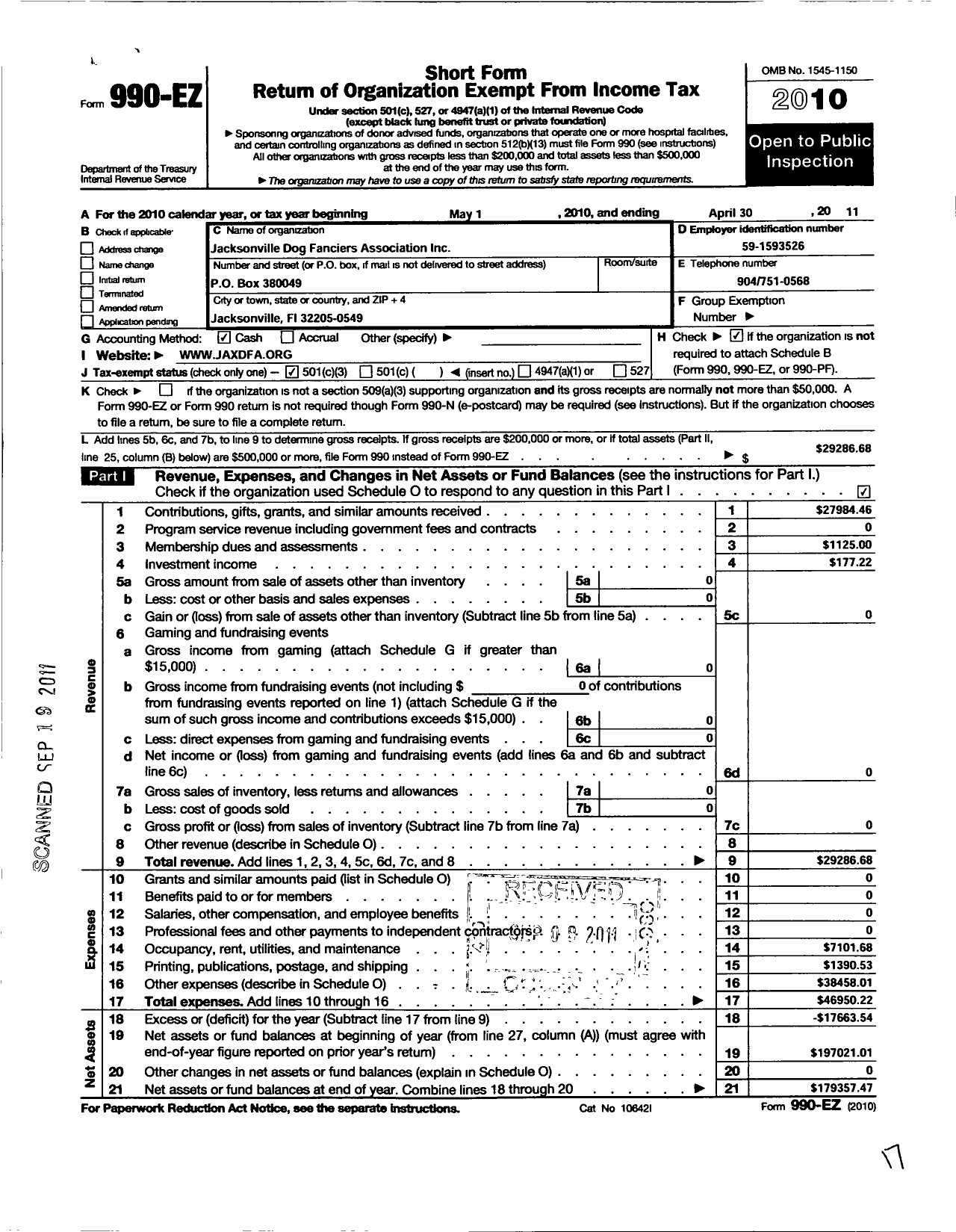 Image of first page of 2010 Form 990EZ for Jacksonville Dog Fanciers Association