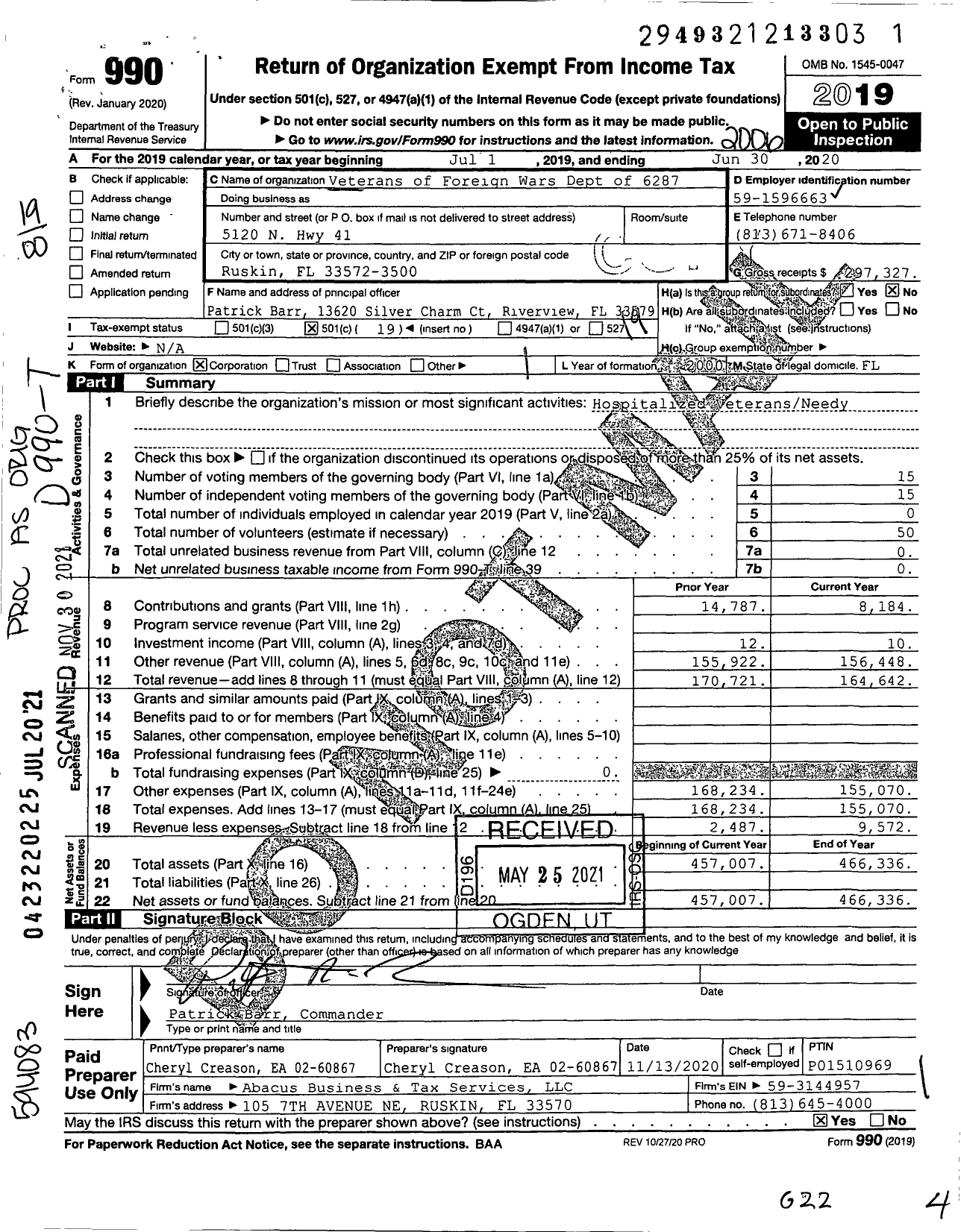 Image of first page of 2019 Form 990O for VFW Department of Florida - 6287 VFW Post