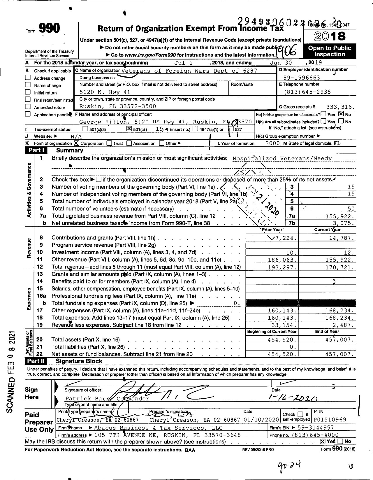 Image of first page of 2018 Form 990O for VFW Department of Florida - 6287 VFW Post