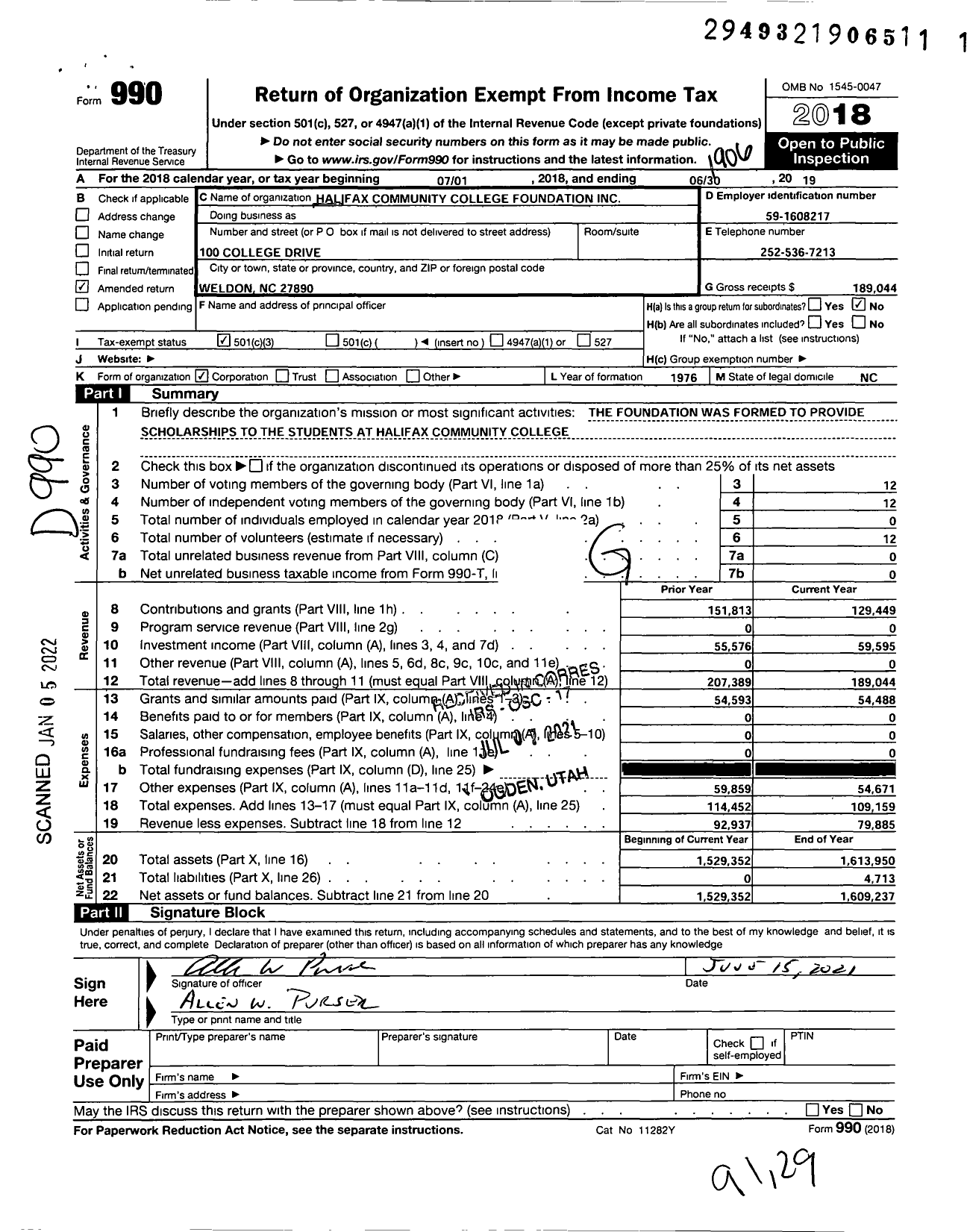 Image of first page of 2018 Form 990 for Halifax Community College Foundation