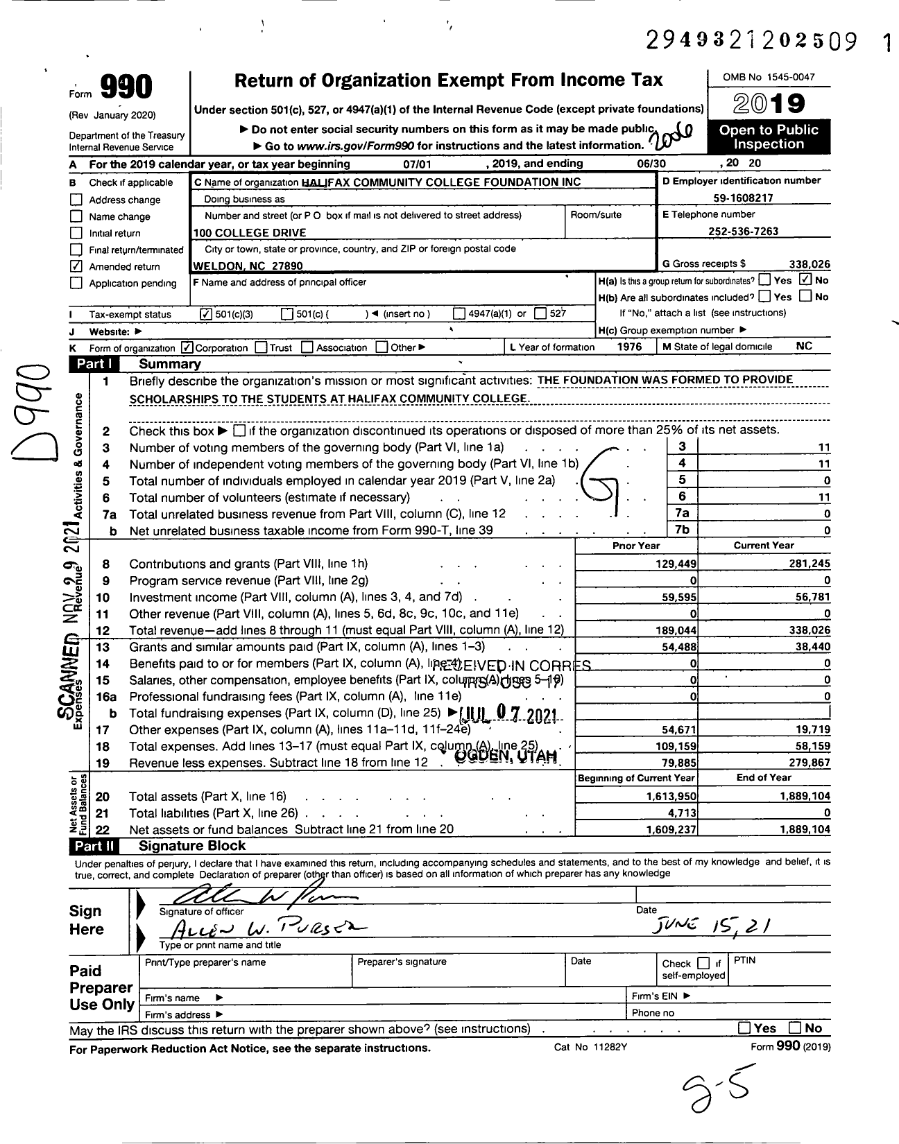 Image of first page of 2019 Form 990 for Halifax Community College Foundation