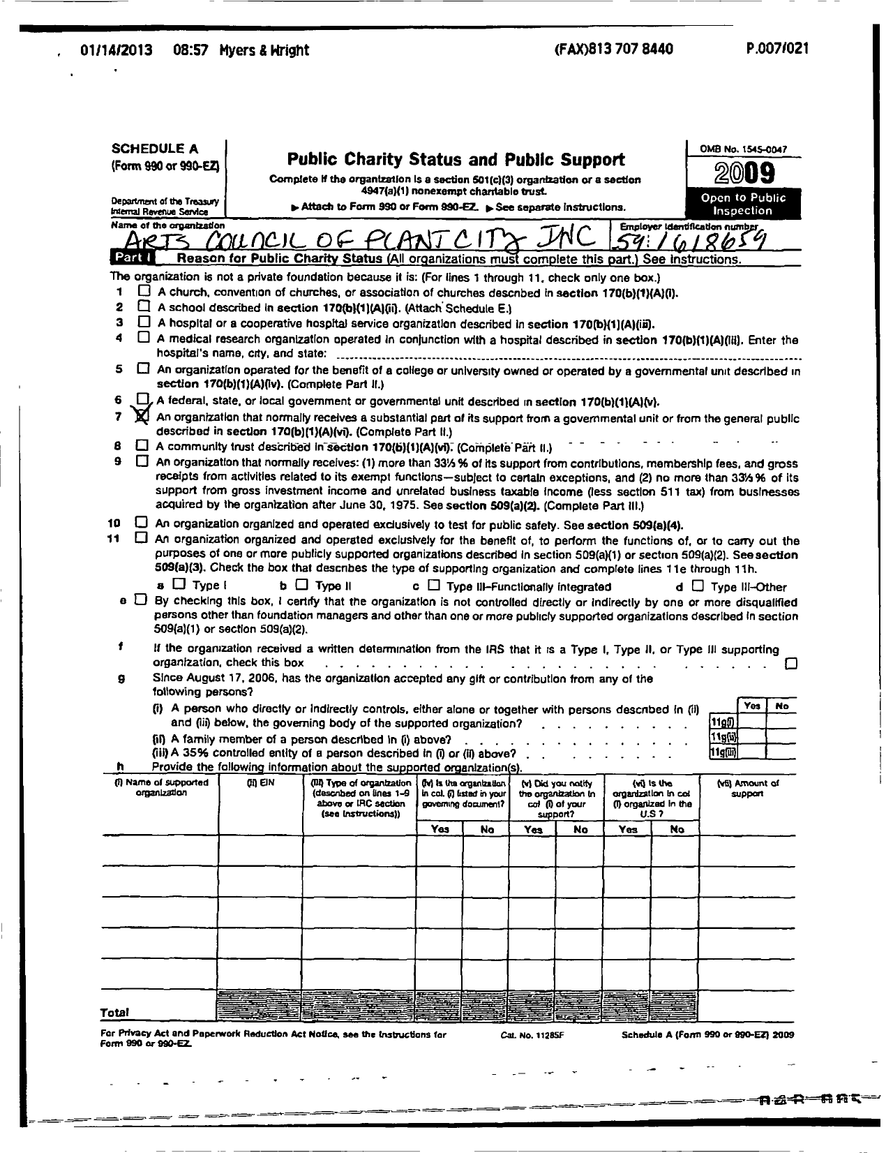 Image of first page of 2009 Form 990ER for Arts Council of Plant City