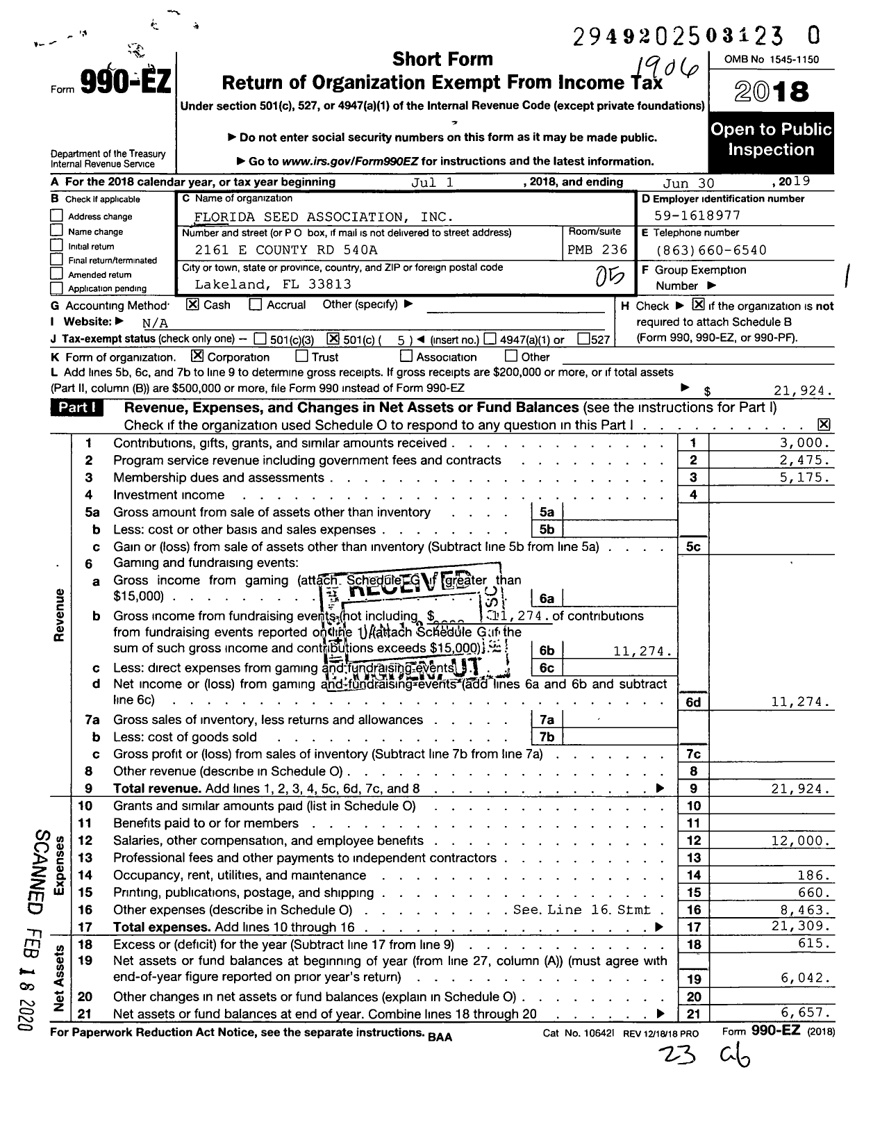 Image of first page of 2018 Form 990EO for Florida Seed Association