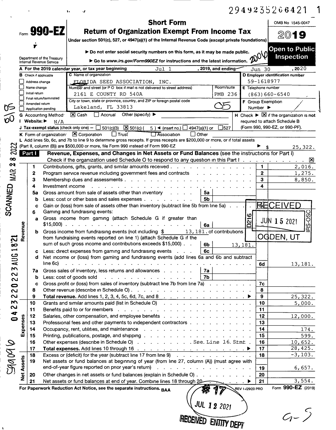 Image of first page of 2019 Form 990EO for Florida Seed Association