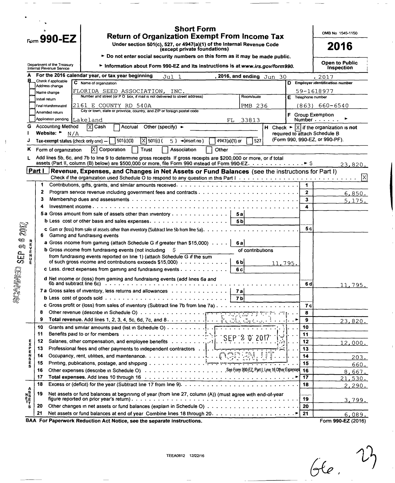 Image of first page of 2016 Form 990EO for Florida Seed Association