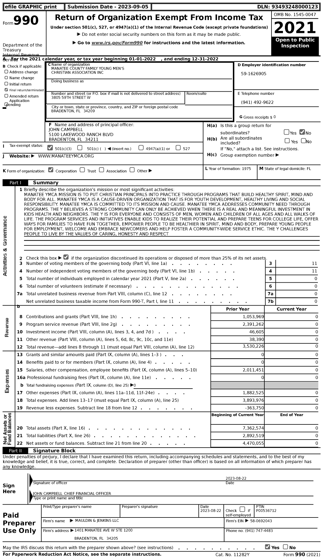 Image of first page of 2022 Form 990 for Manatee YMCA