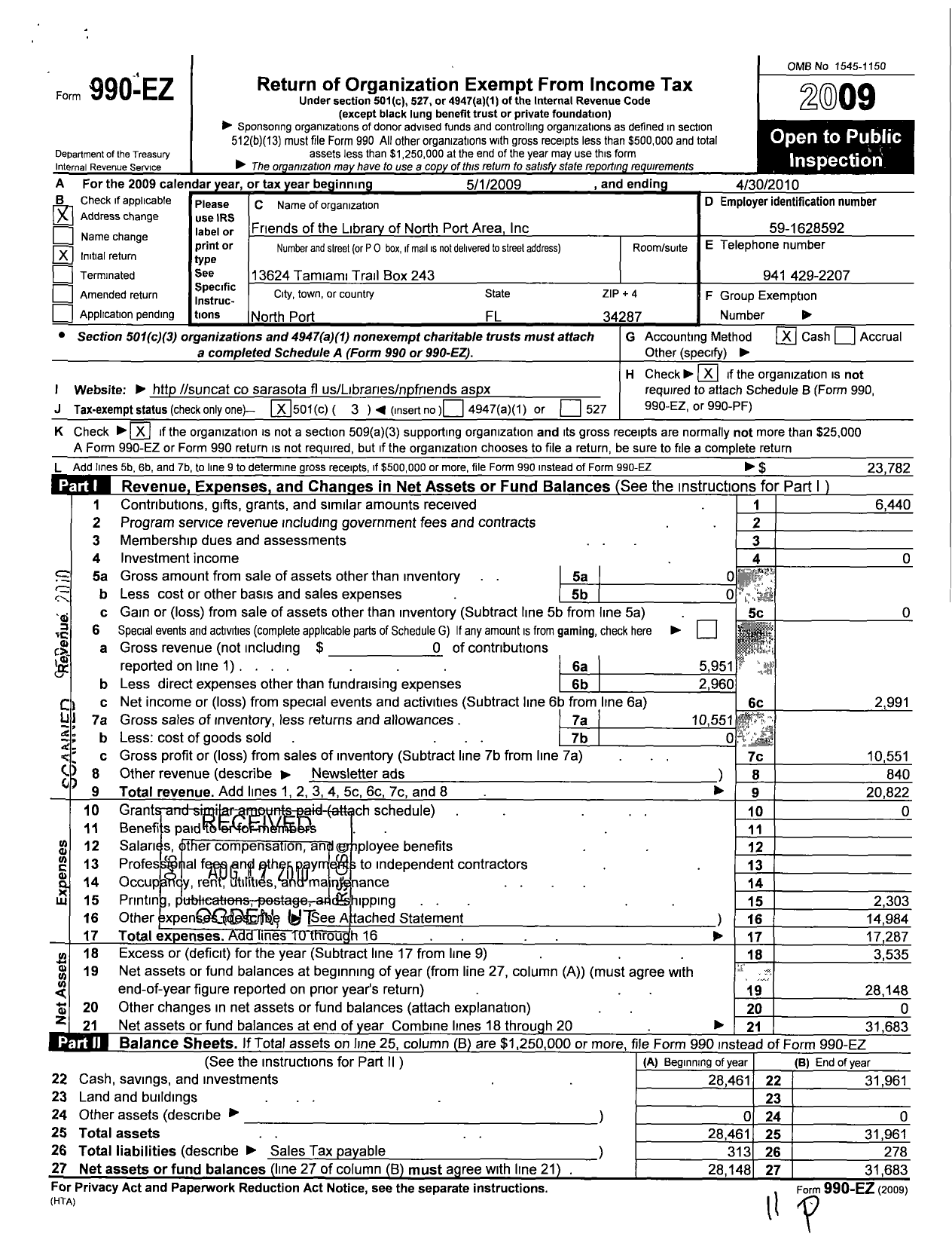 Image of first page of 2009 Form 990EZ for Friends of the Library of North Port Area