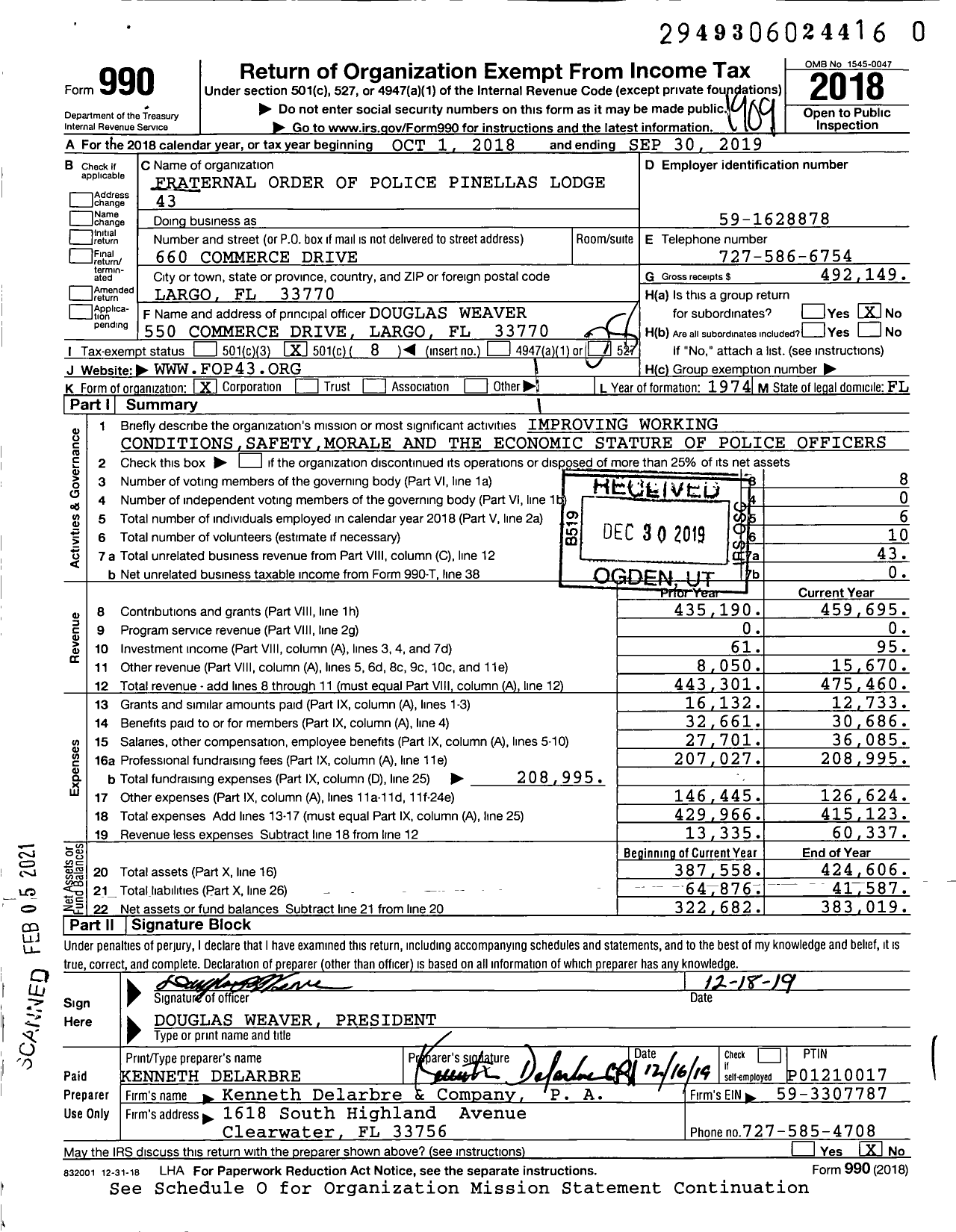 Image of first page of 2018 Form 990O for Fraternal Order of Police - 43 Pinellas Lodge