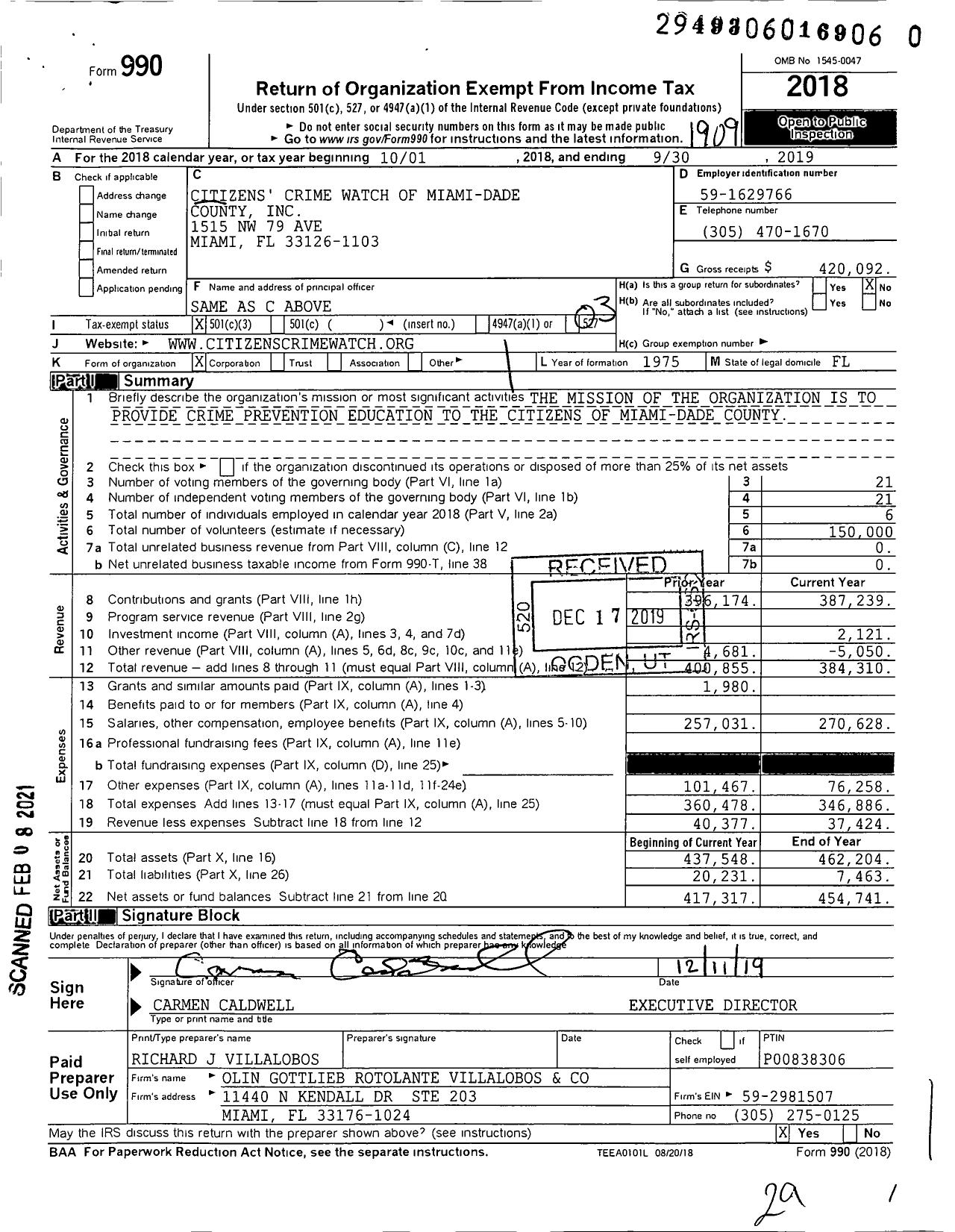 Image of first page of 2018 Form 990 for Citizens Crime Watch Of Miami-Dade County