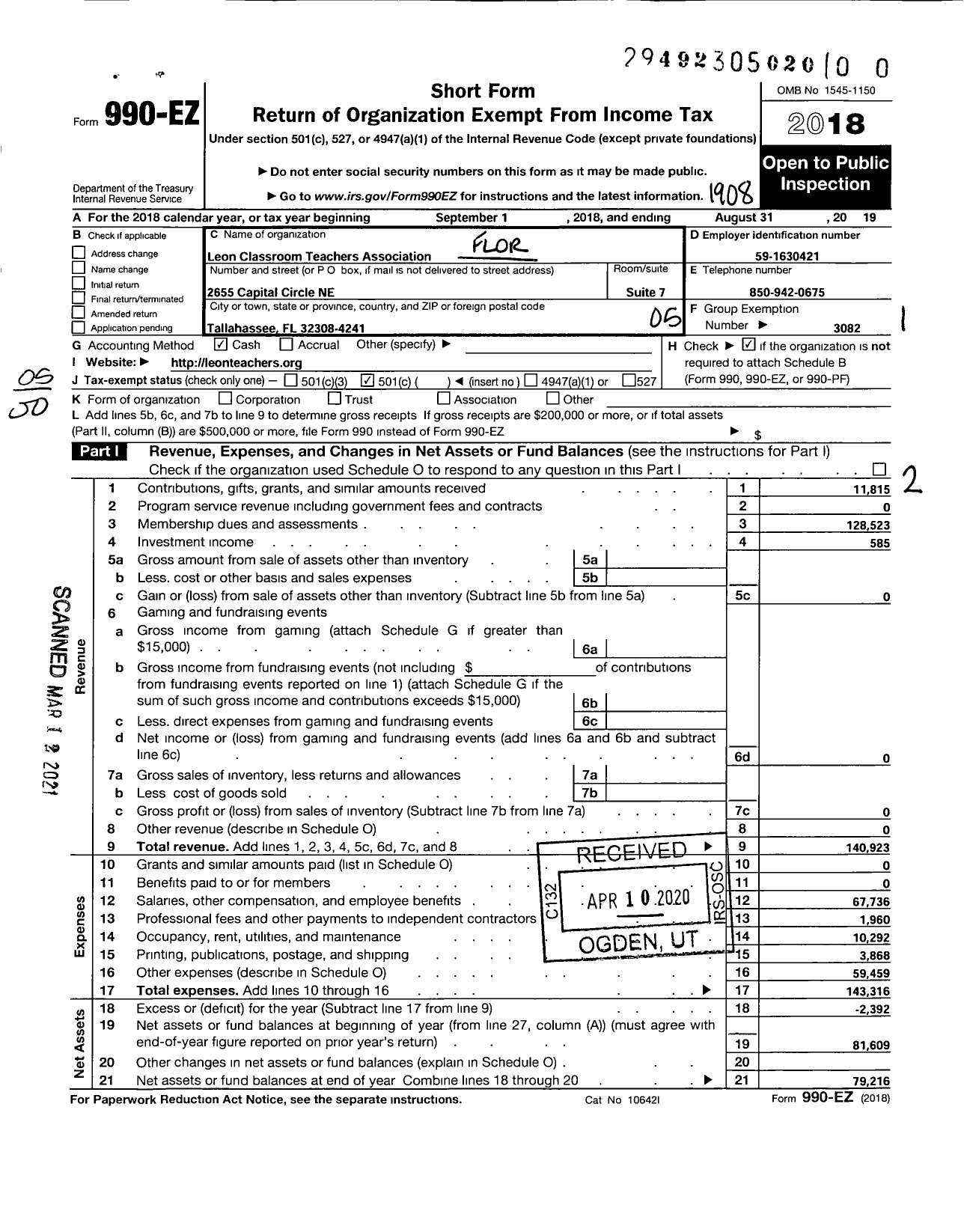 Image of first page of 2018 Form 990EO for Leon Classroom Teachers Association