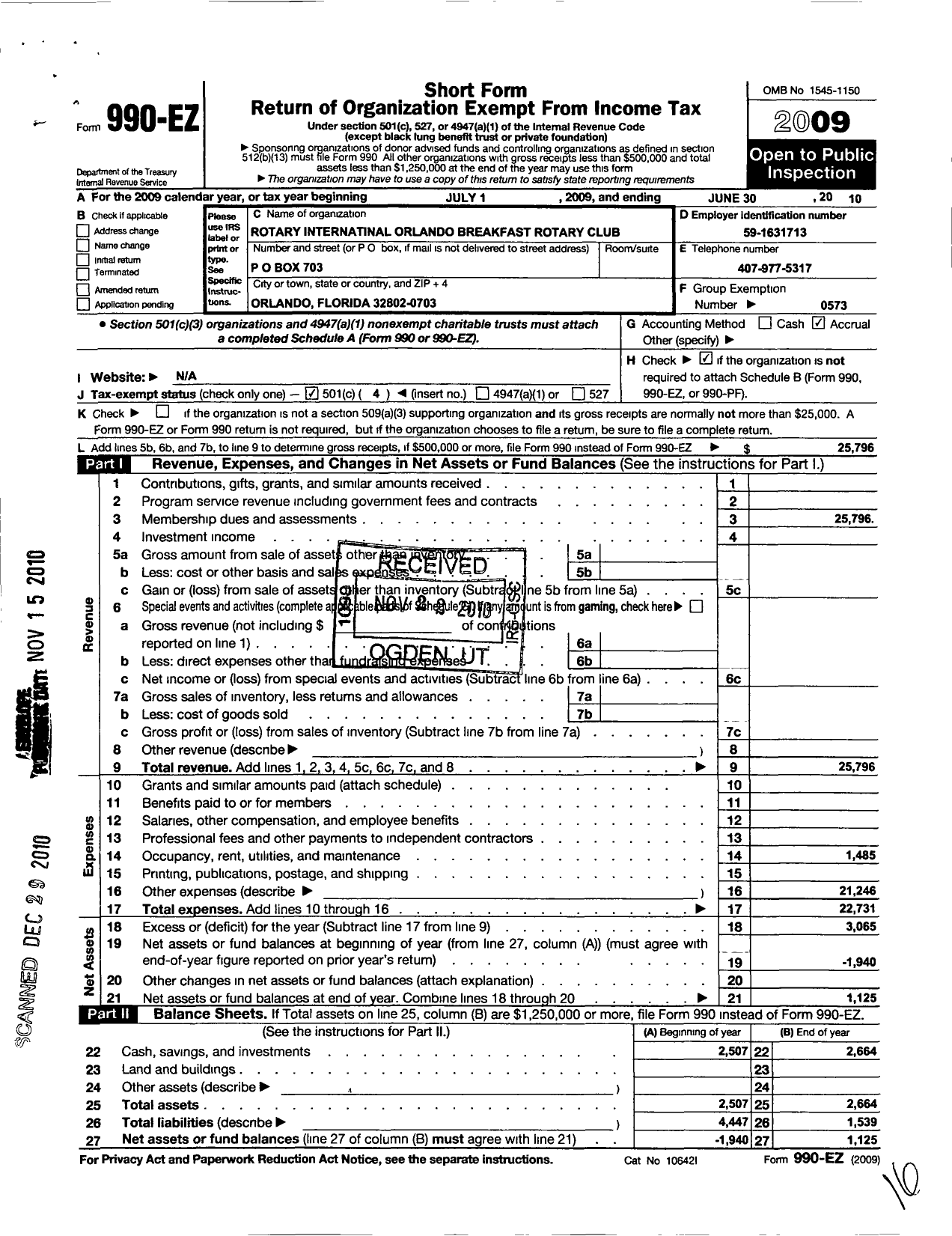 Image of first page of 2009 Form 990EO for Rotary International - Orlando Breakfast