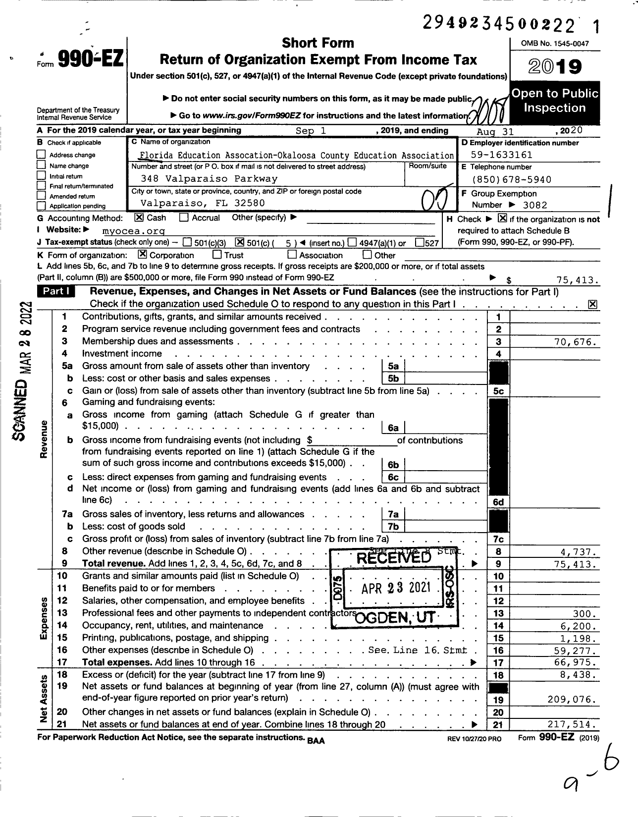 Image of first page of 2019 Form 990EO for Florida Education Association - Okaloosa County Education Association