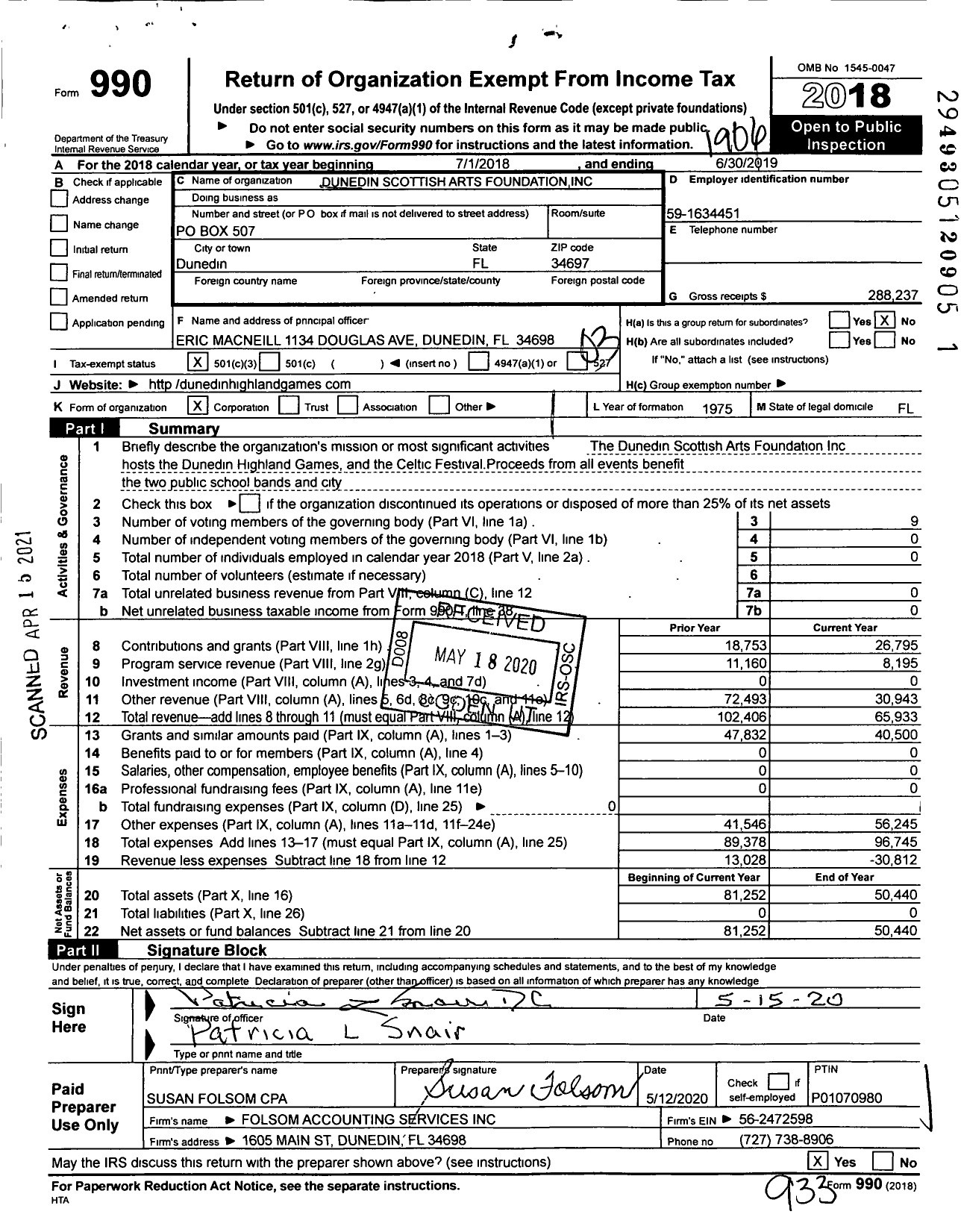 Image of first page of 2018 Form 990 for Dunedin Scottish Arts Foundation