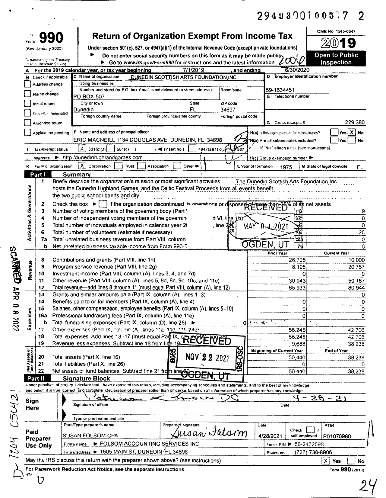 Image of first page of 2019 Form 990 for Dunedin Scottish Arts Foundation