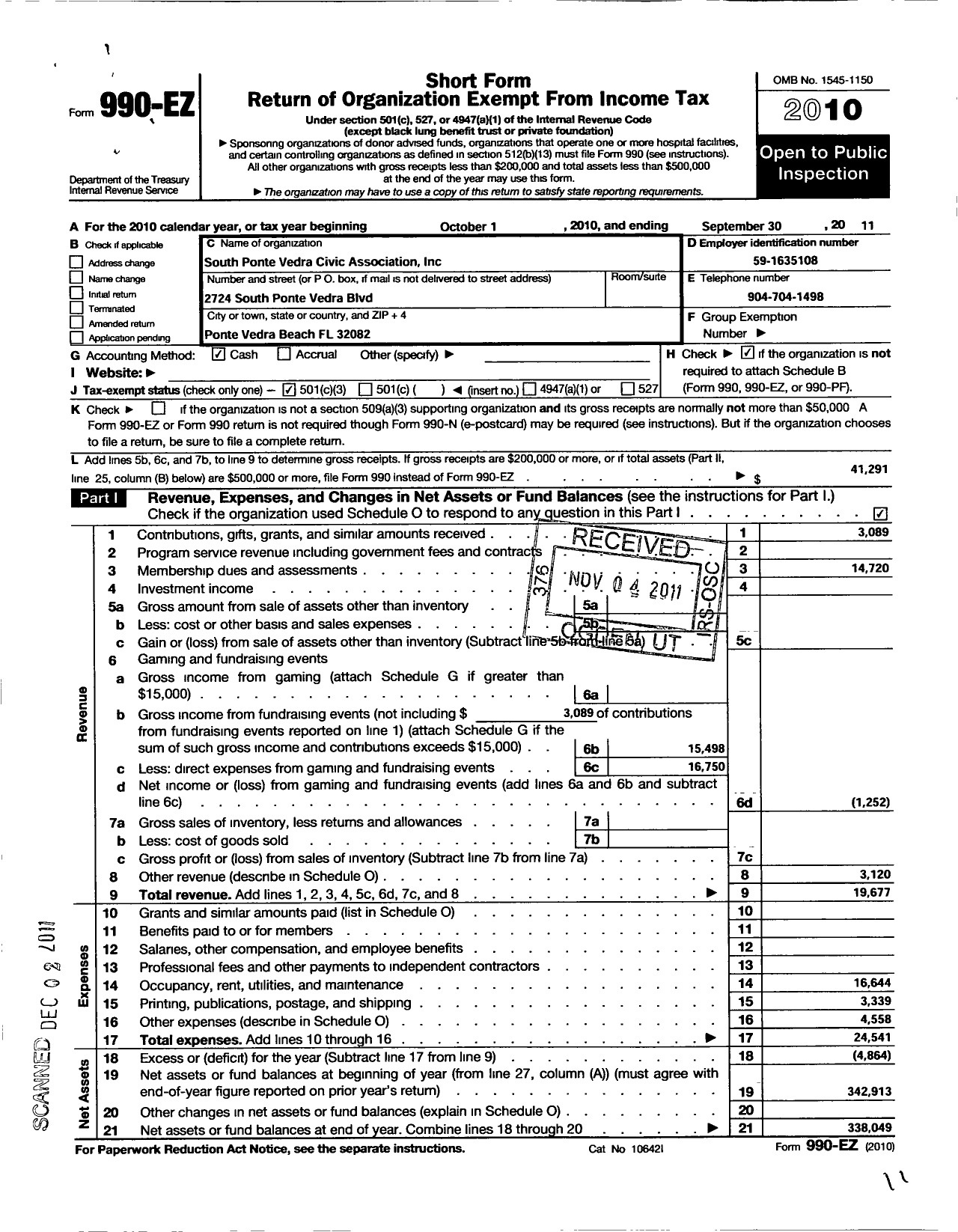 Image of first page of 2010 Form 990EZ for South Ponte Vedra Civic Association