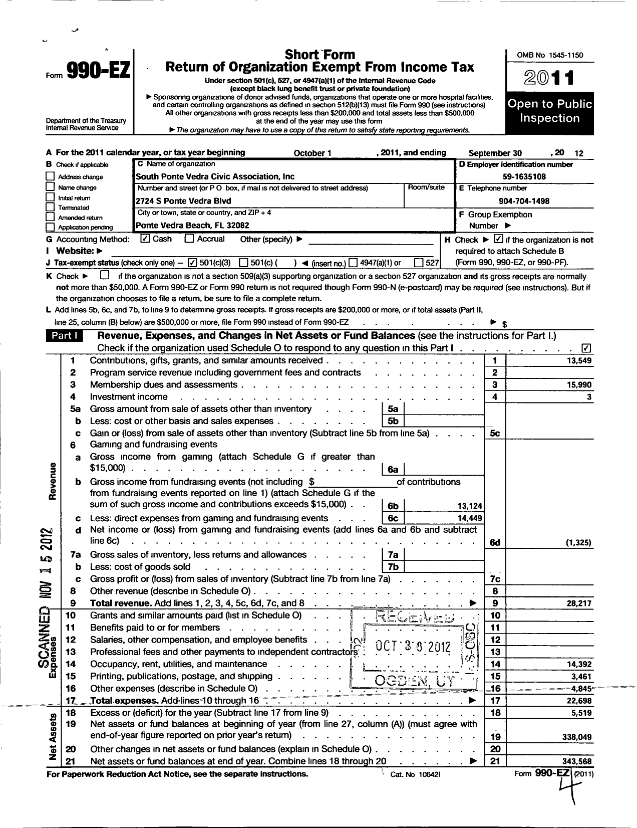 Image of first page of 2011 Form 990EZ for South Ponte Vedra Civic Association