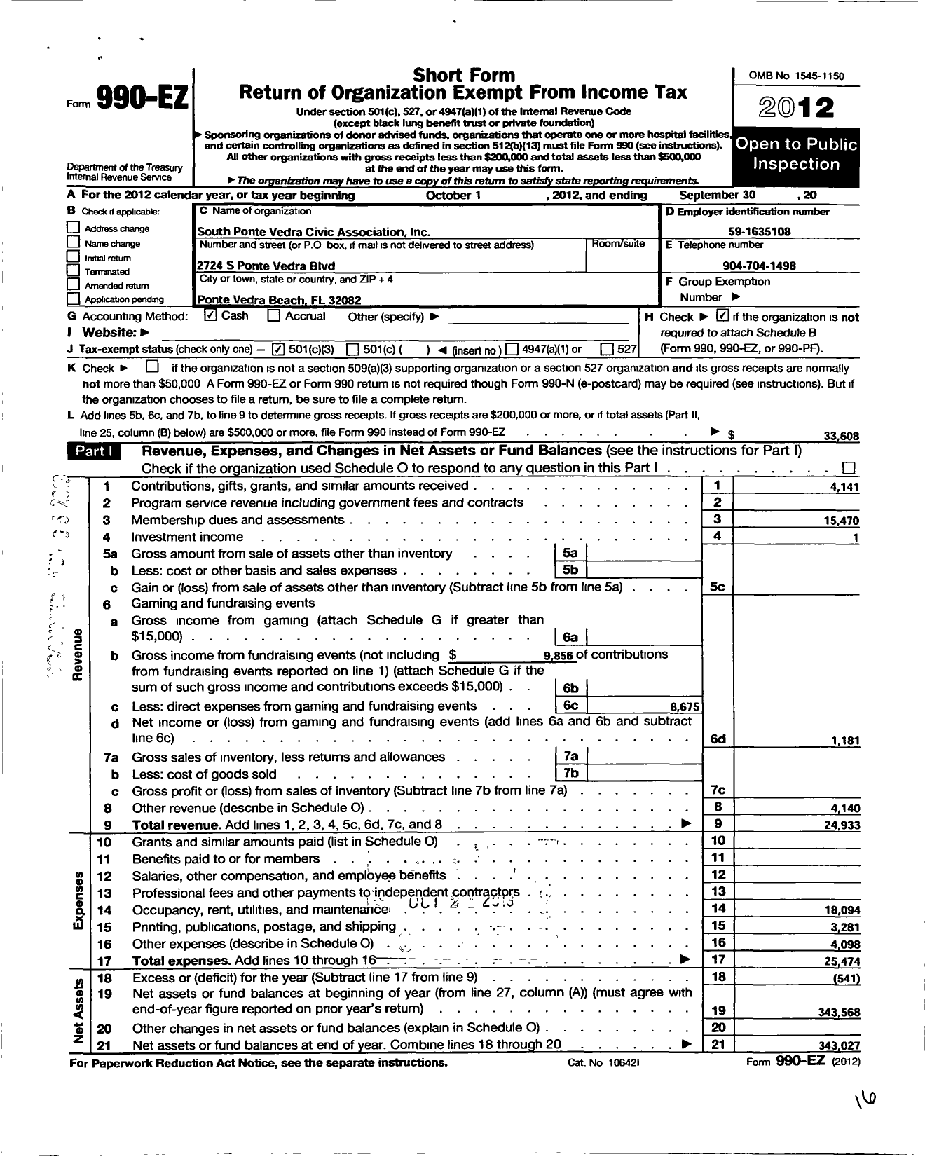 Image of first page of 2011 Form 990EZ for South Ponte Vedra Civic Association