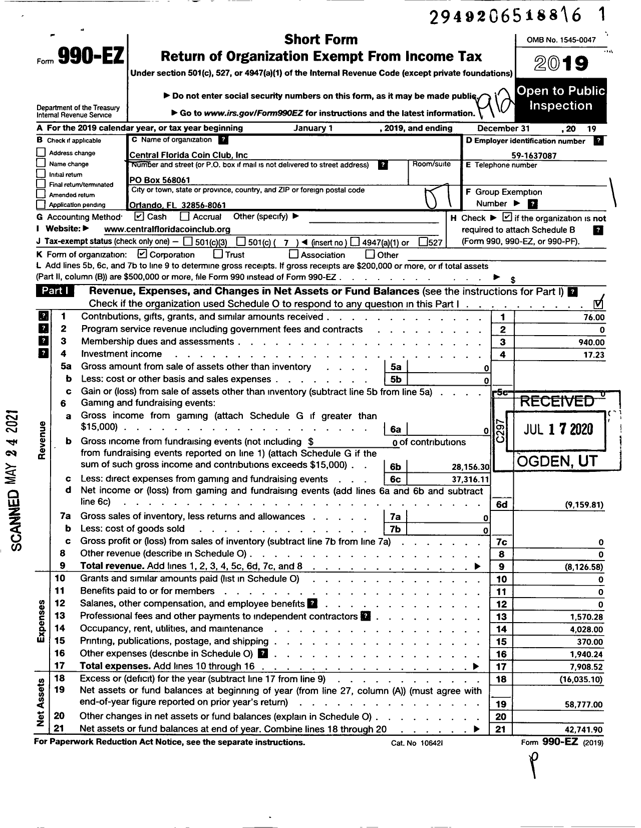 Image of first page of 2019 Form 990EO for Central Florida Coin Club