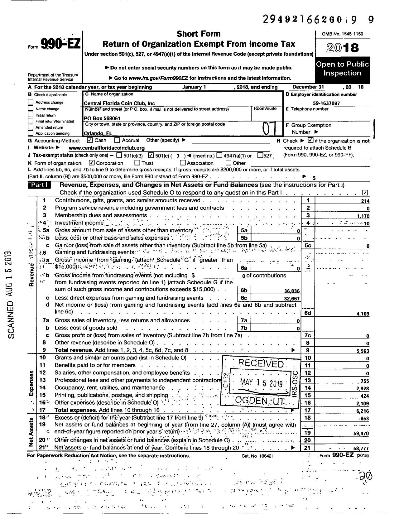 Image of first page of 2018 Form 990EO for Central Florida Coin Club