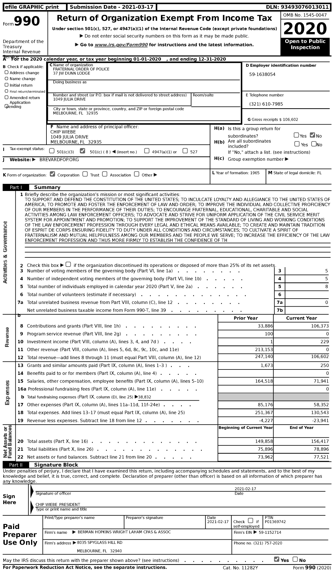 Image of first page of 2020 Form 990 for Fraternal Order of Police - 37 J W Dunn Lodge