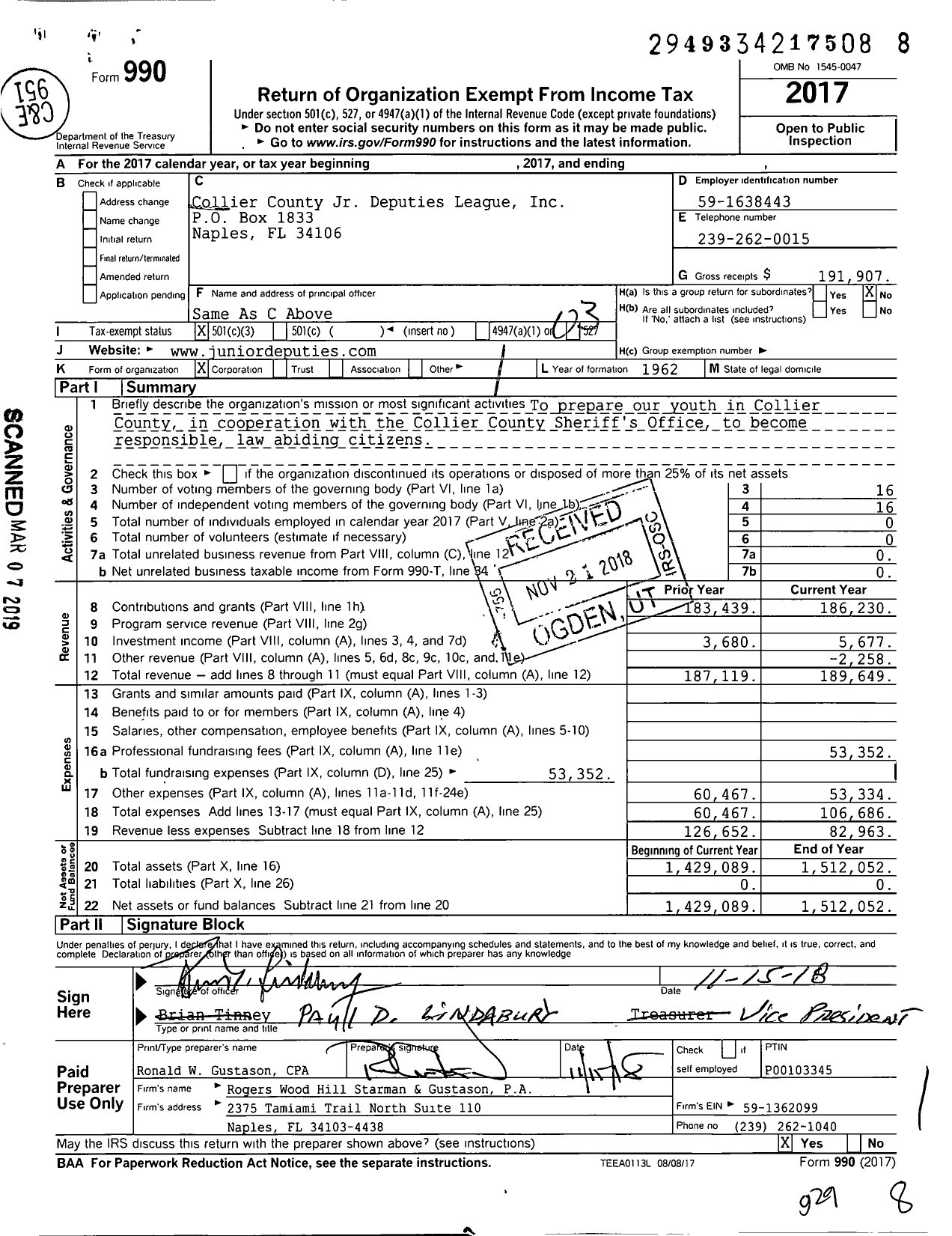 Image of first page of 2017 Form 990 for Collier County Jr Deputies League