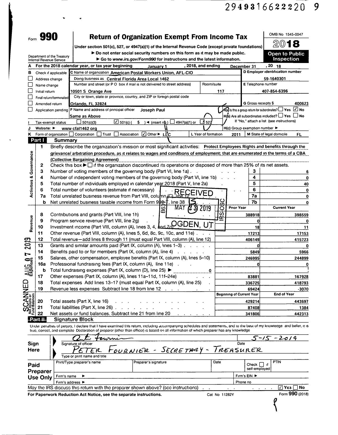 Image of first page of 2018 Form 990O for AMERICAN POSTAL WORKERS UNION Florida ARea Local 1462