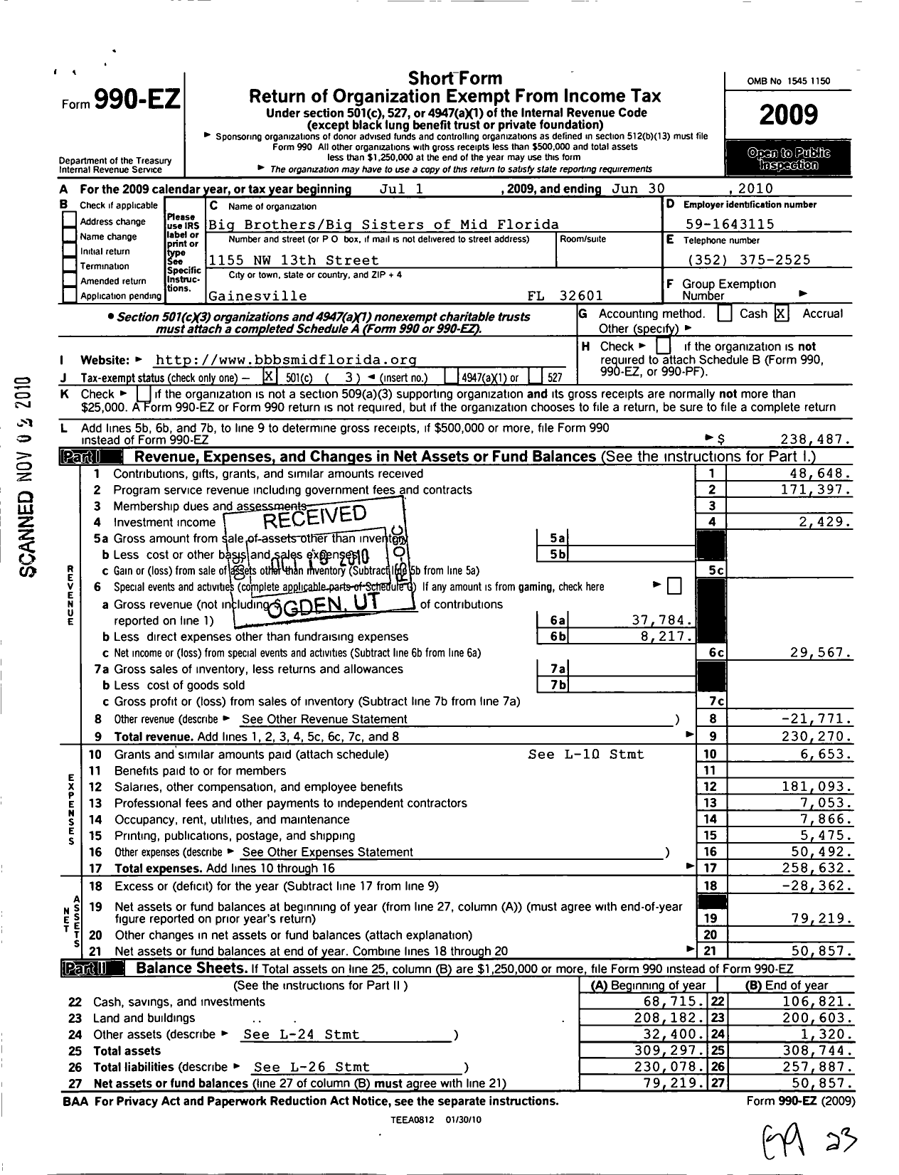 Image of first page of 2009 Form 990EZ for Big Brothers Big Sisters of Mid-Florida