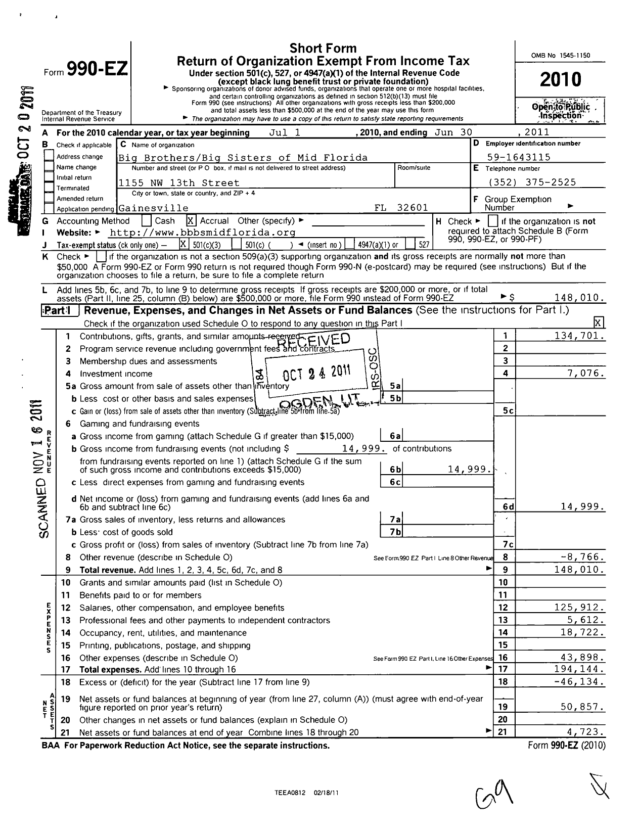 Image of first page of 2010 Form 990EZ for Big Brothers Big Sisters of Mid-Florida