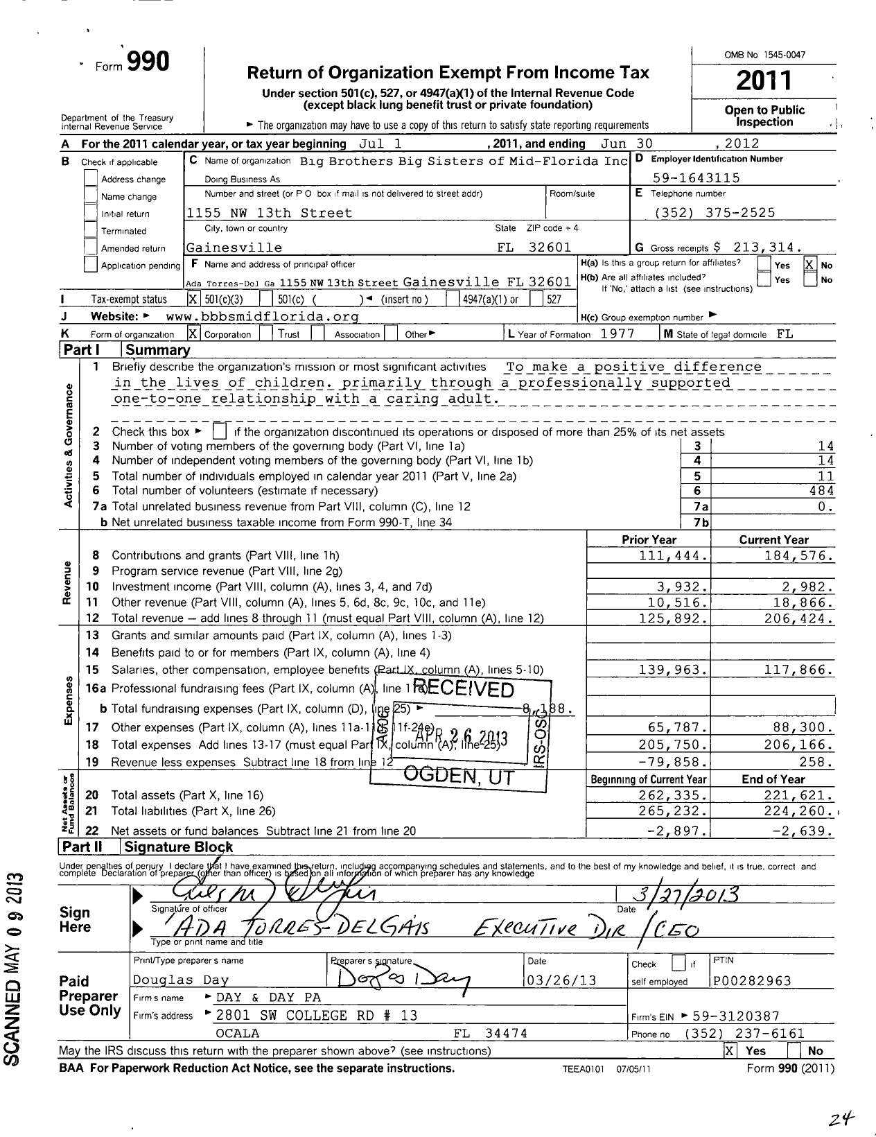 Image of first page of 2011 Form 990 for Big Brothers Big Sisters of Mid-Florida